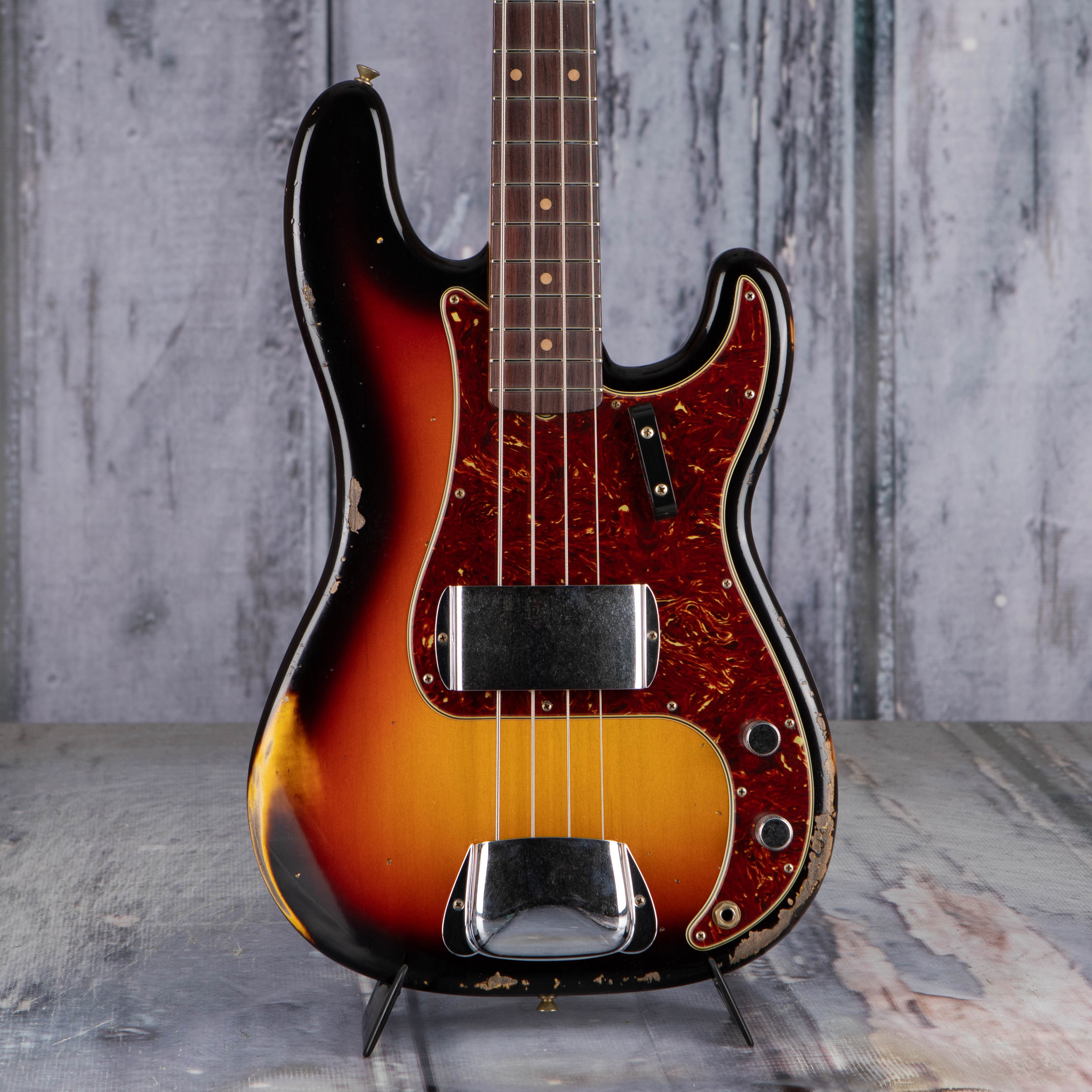 Fender Custom Shop Limited Edition 1963 Precision Bass Heavy Relic Electric Bass Guitar, Faded Aged 3-Color Sunburst, front closeup