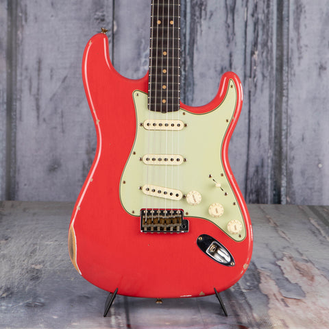Fender Custom Shop Limited Edition 1963 Stratocaster Relic Electric Guitar, Aged Fiesta Red, front closeup