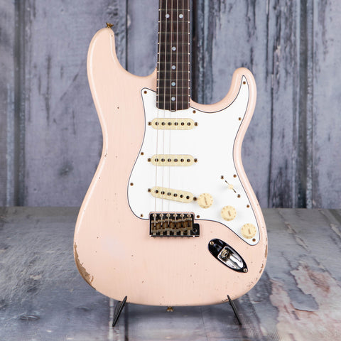 Fender Custom Shop Limited Edition 1964 Straotcaster Relic Electric Guitar, Super Faded Aged Shell Pink, front closeup