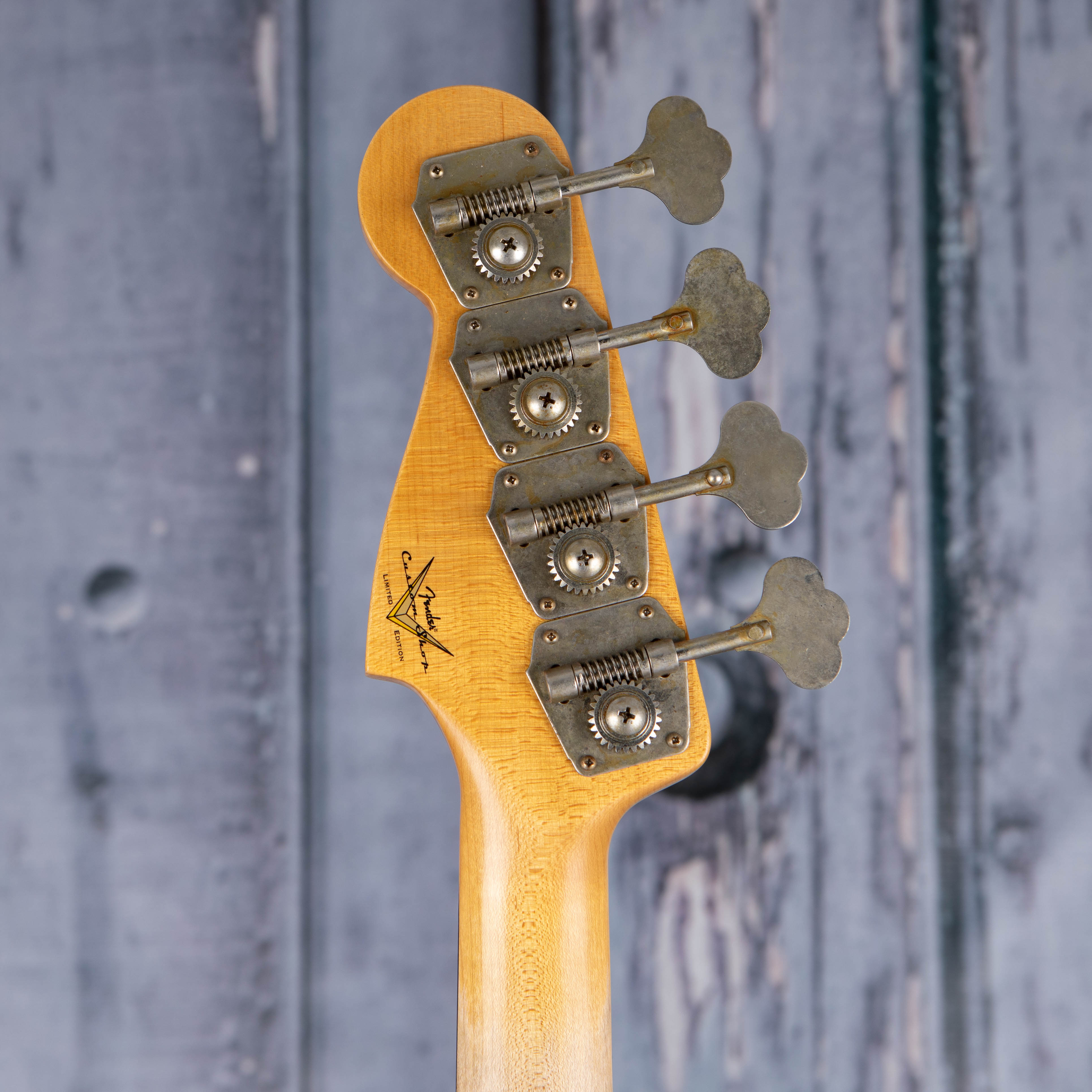 Fender Custom Shop Limited Edition '59 Precision Bass Journeyman Relic Electric Bass Guitar, Chocolate 3-Color Sunburst, back headstock