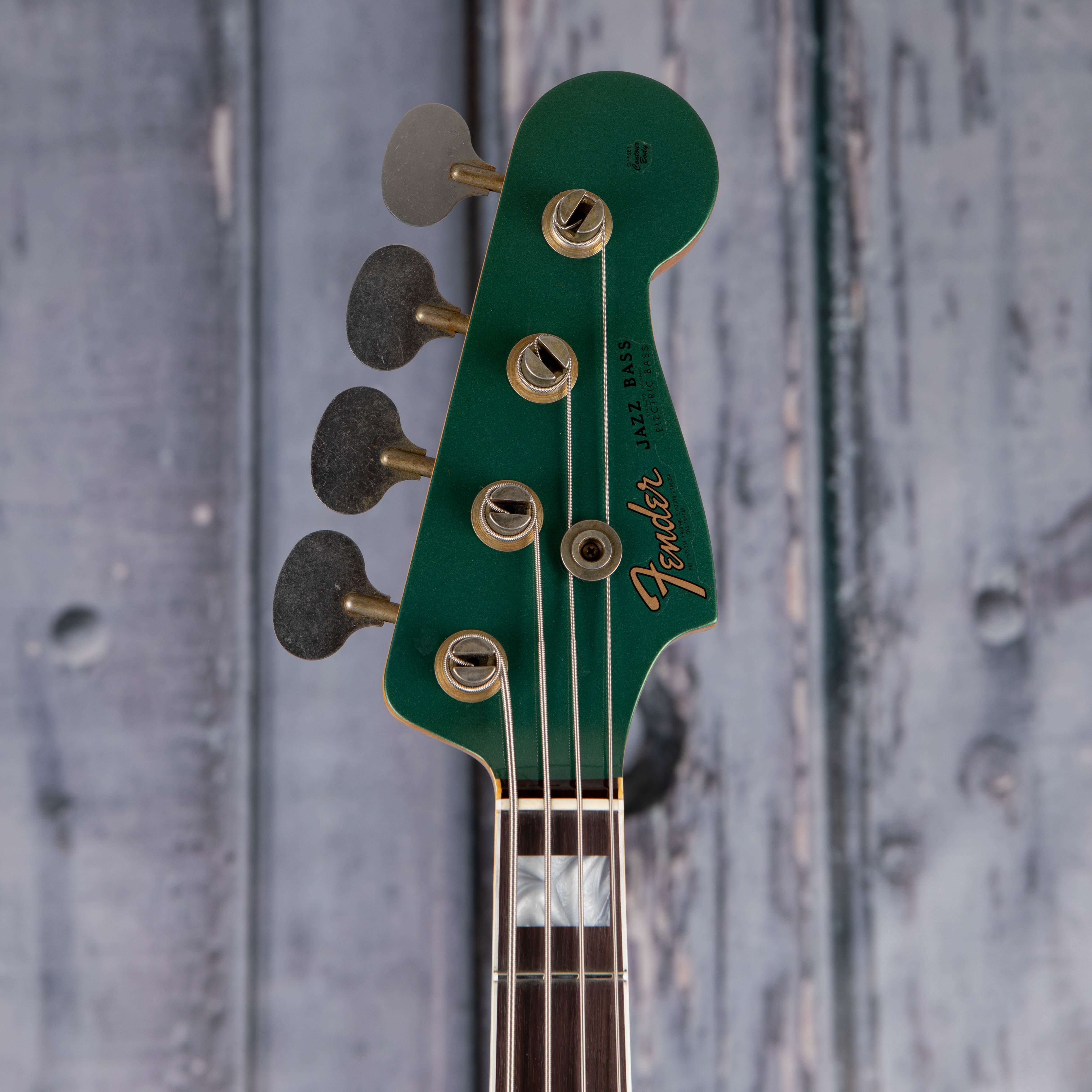 Fender Custom Shop Limited Edition Precision Bass Special Journeyman Relic Electric Bass Guitar, Aged Sherwood Green Metallic, front headstock