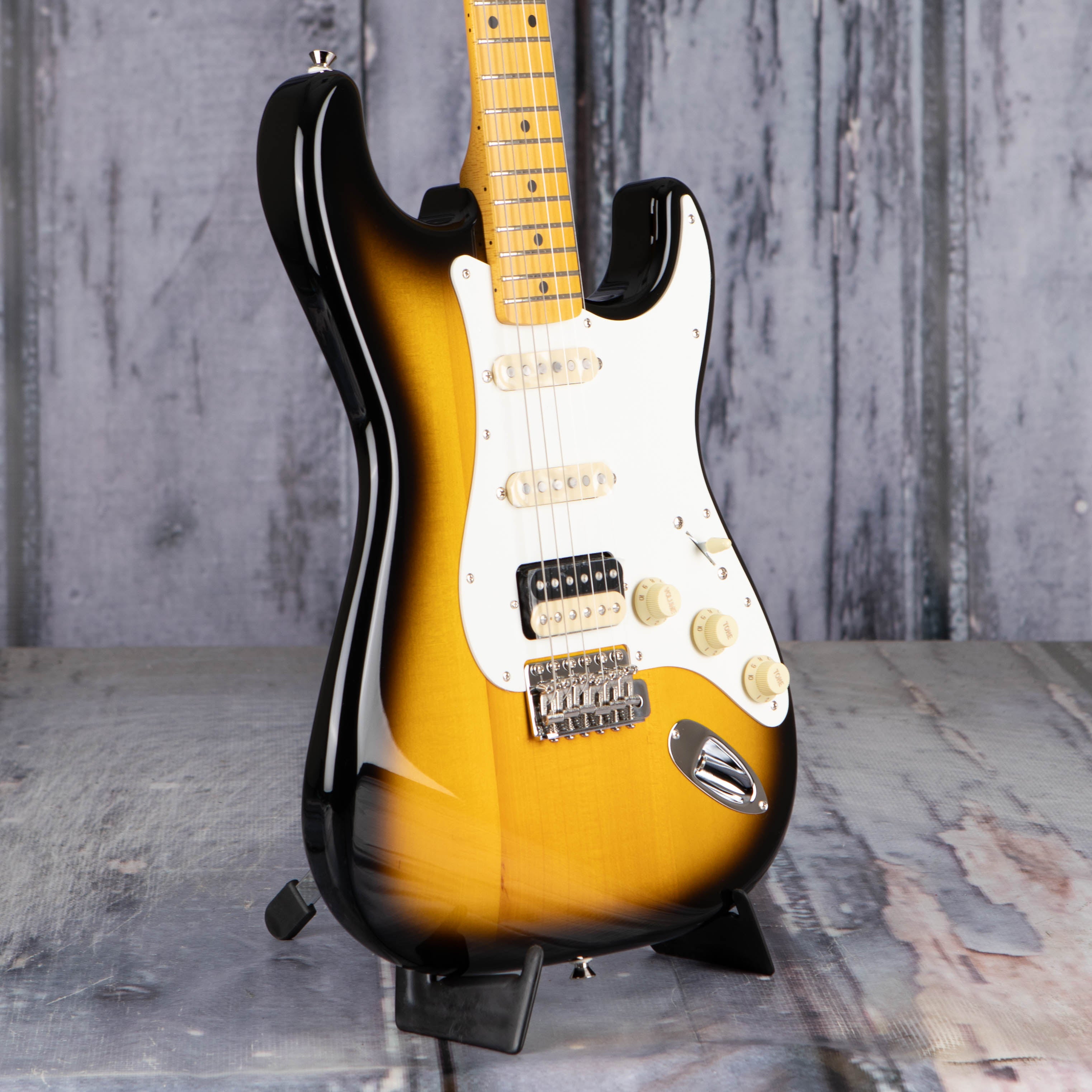 Fender JV Modified '50s Stratocaster HSS Electric Guitar, 2-Color Sunburst, angle