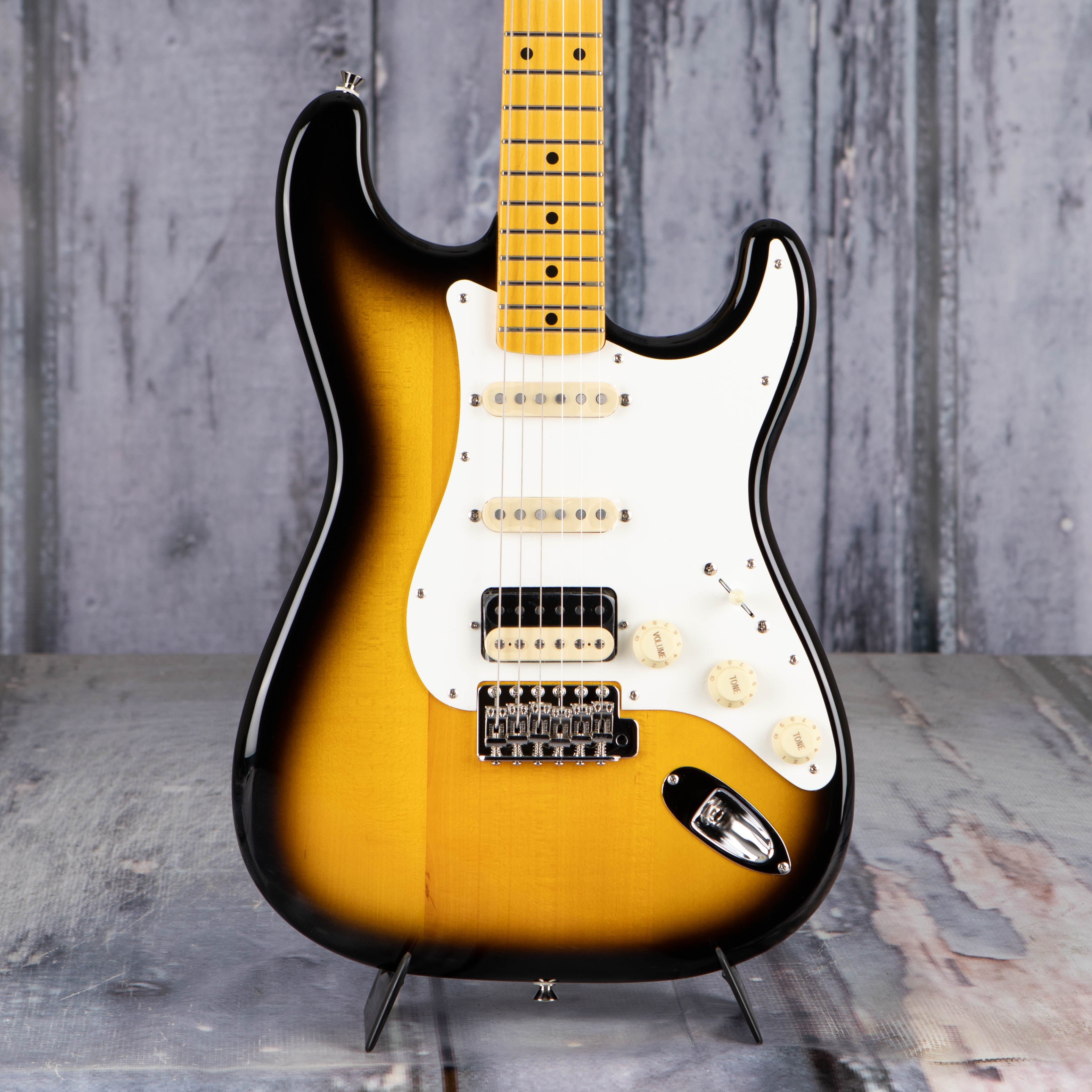 Fender JV Modified '50s Stratocaster HSS Electric Guitar, 2-Color Sunburst, front closeup