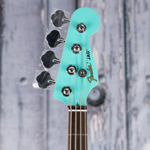 Fender Limited Edition Mark Hoppus Jaguar Electric Bass Guitar, Sea Foam Green, front headstock