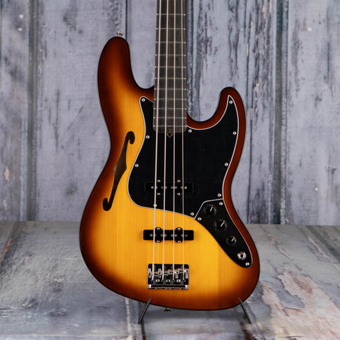 Fender Limited Edition Suona Jazz Bass Thinline Semi-Hollowbody Bass Guitar, Violin Burst, front closeup