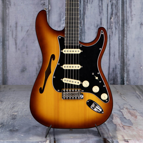 Fender Limited Edition Suona Stratocaster Thinline Semi-Hollowbody Guitar, Violin Burst, front closeup