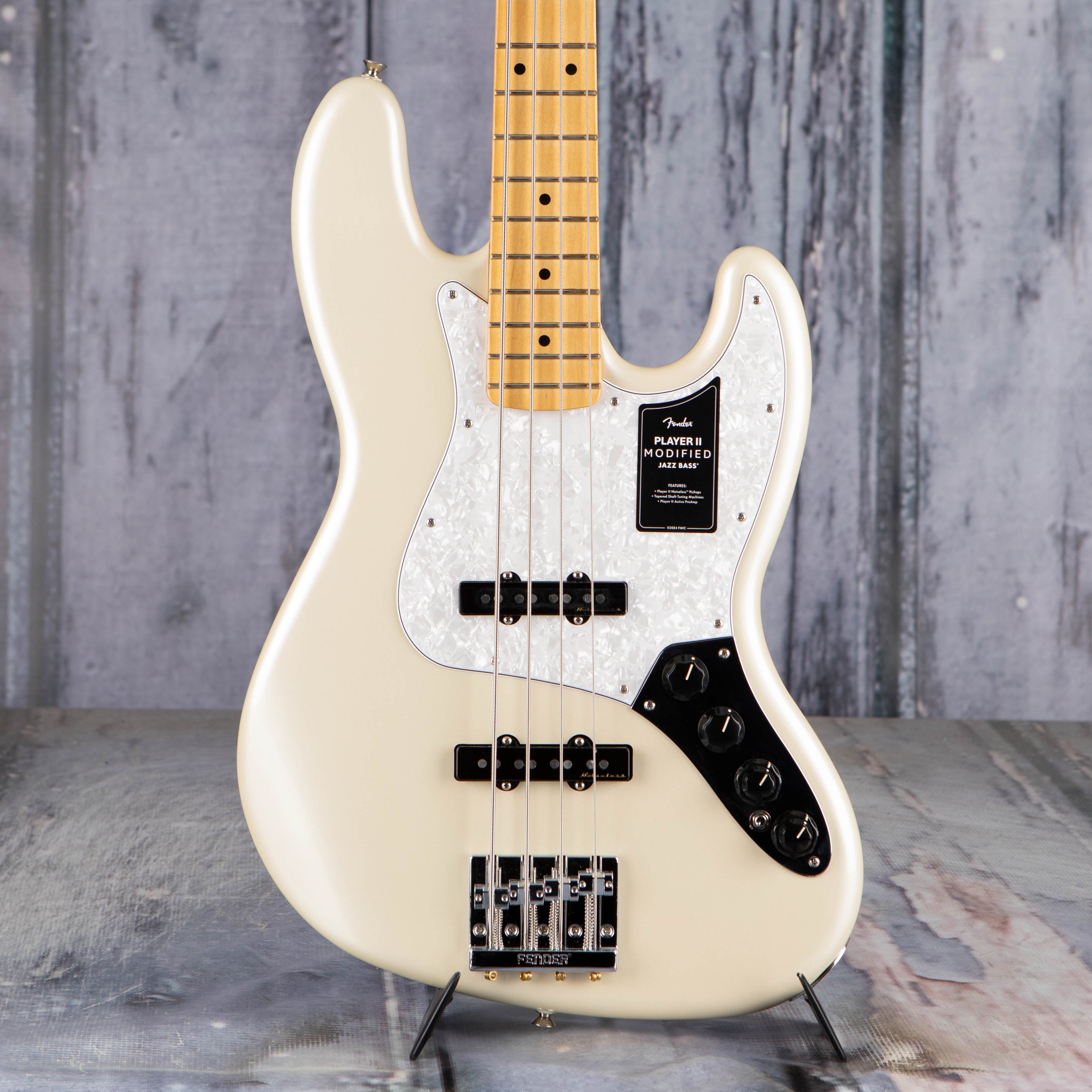 Fender Player II Modified Active Jazz Bass Guitar, Olympic Pearl, front closeup