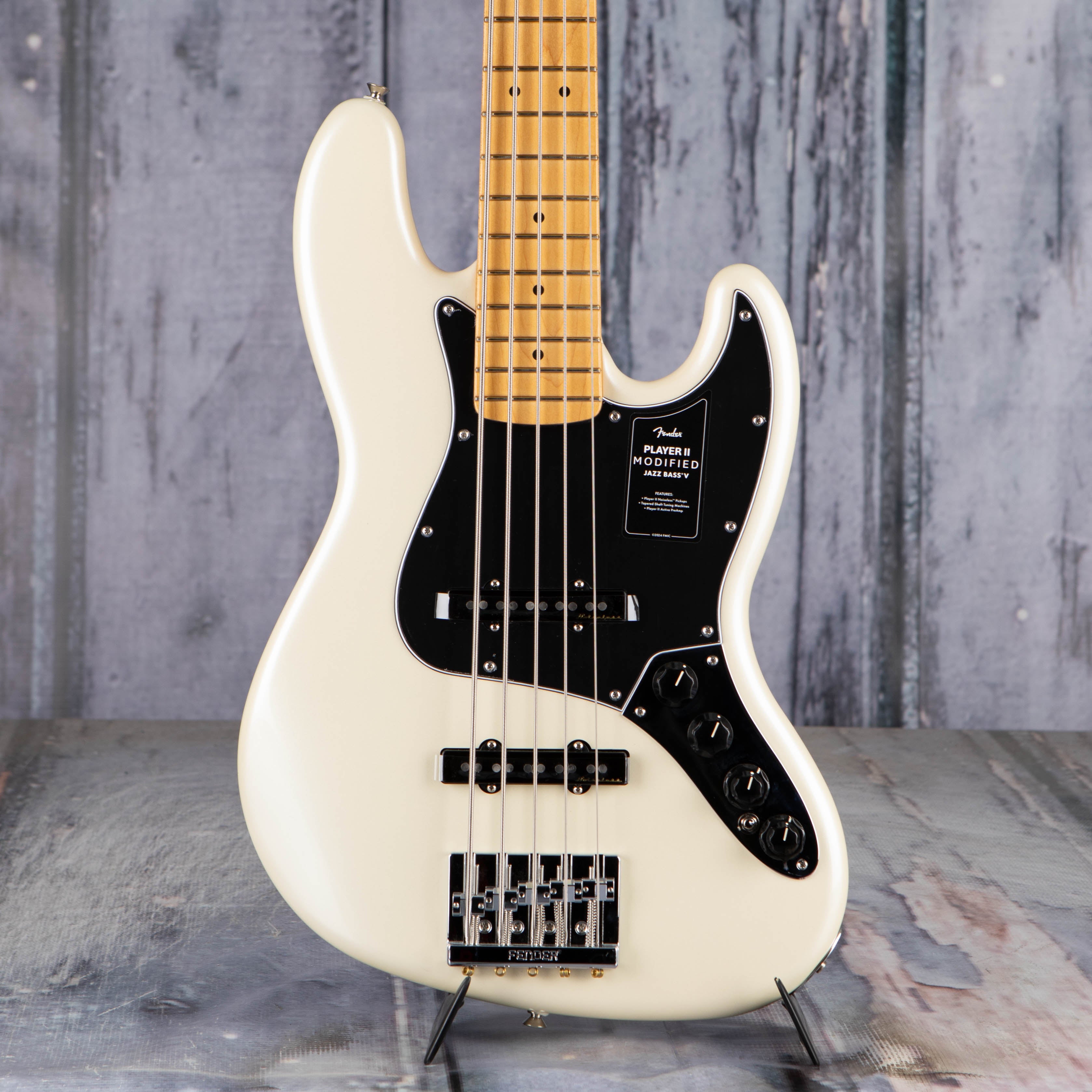 Fender Player II Modified Active Jazz Bass V 5-String Bass Guitar, Olympic Pearl, front closeup