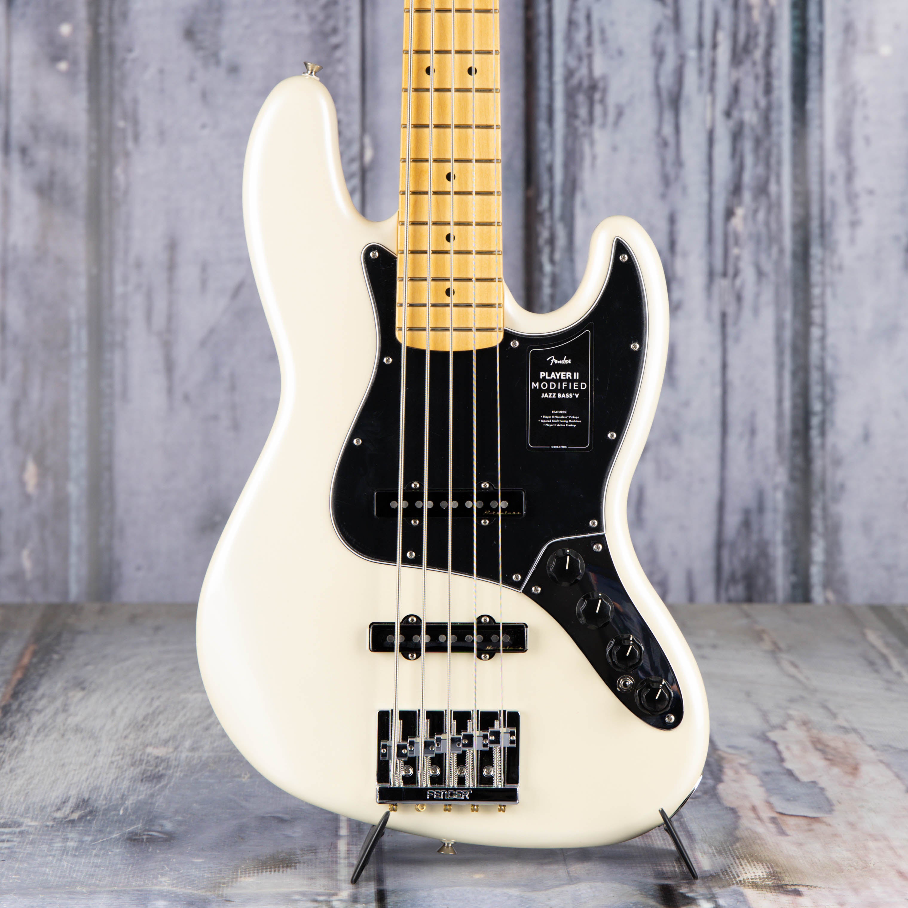Fender Player II Modified Active Jazz Bass V 5-String Bass Guitar, Olympic Pearl, front closeup