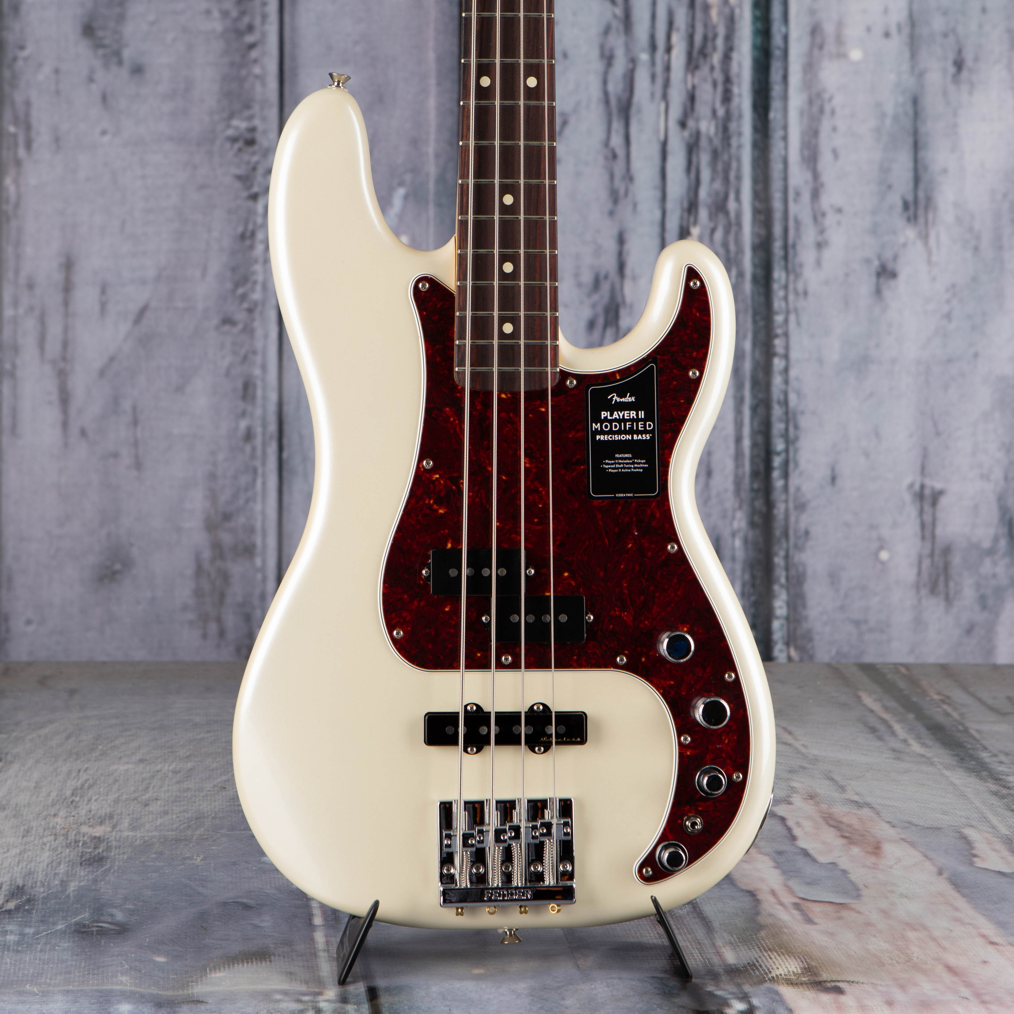 Fender Player II Modified Active Precision Bass Guitar, Olympic Pearl, front closeup