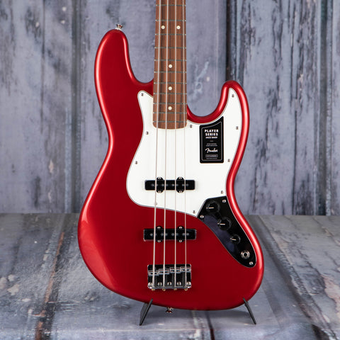 Fender Player Jazz Bass Guitar, Candy Apple Red, front closeup