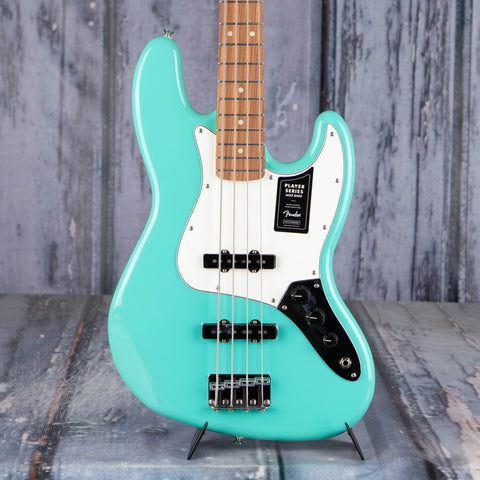 Fender Player Jazz Bass Guitar, Sea Foam Green, front closeup