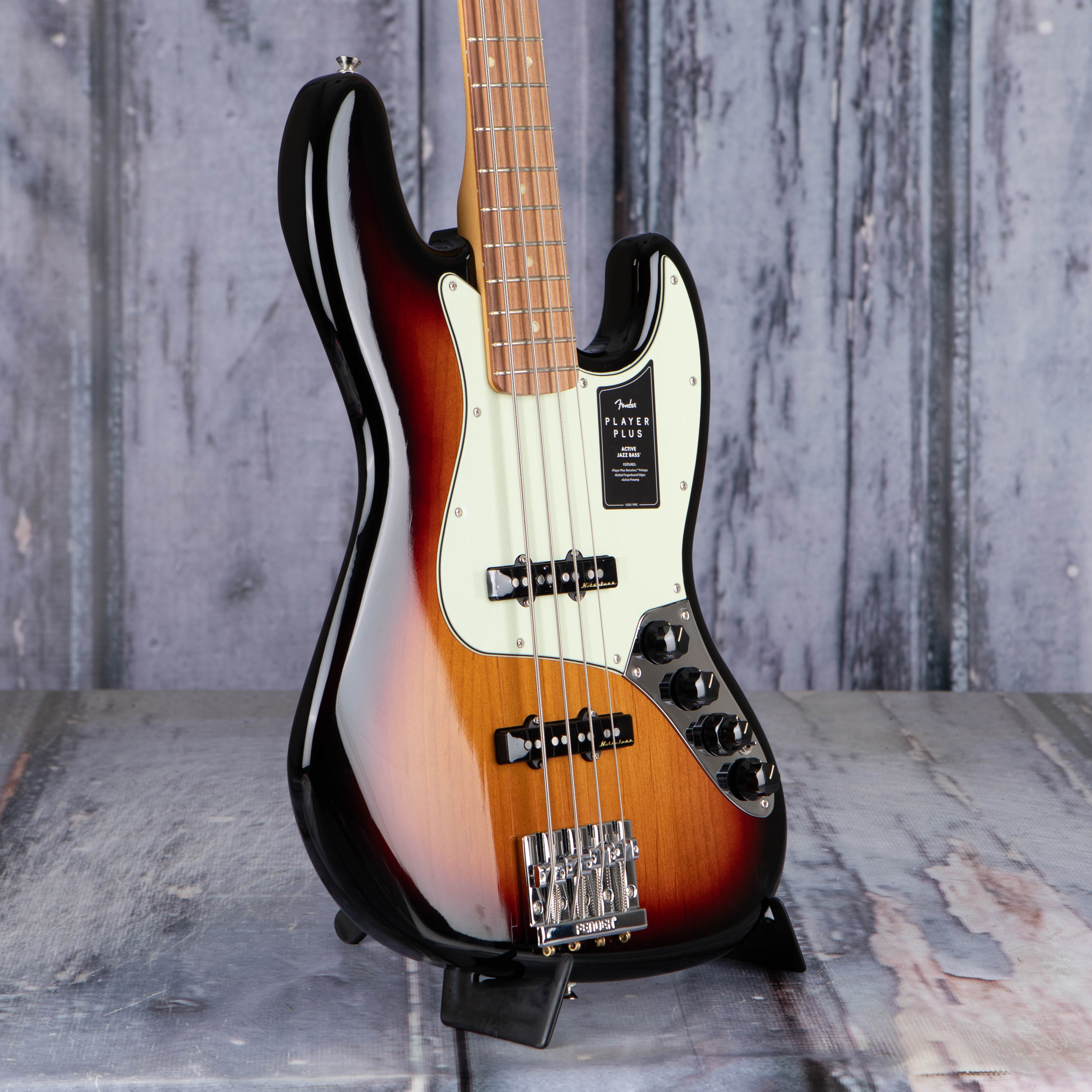 Fender Player Plus Jazz Bass Guitar, 3-Color Sunburst, angle