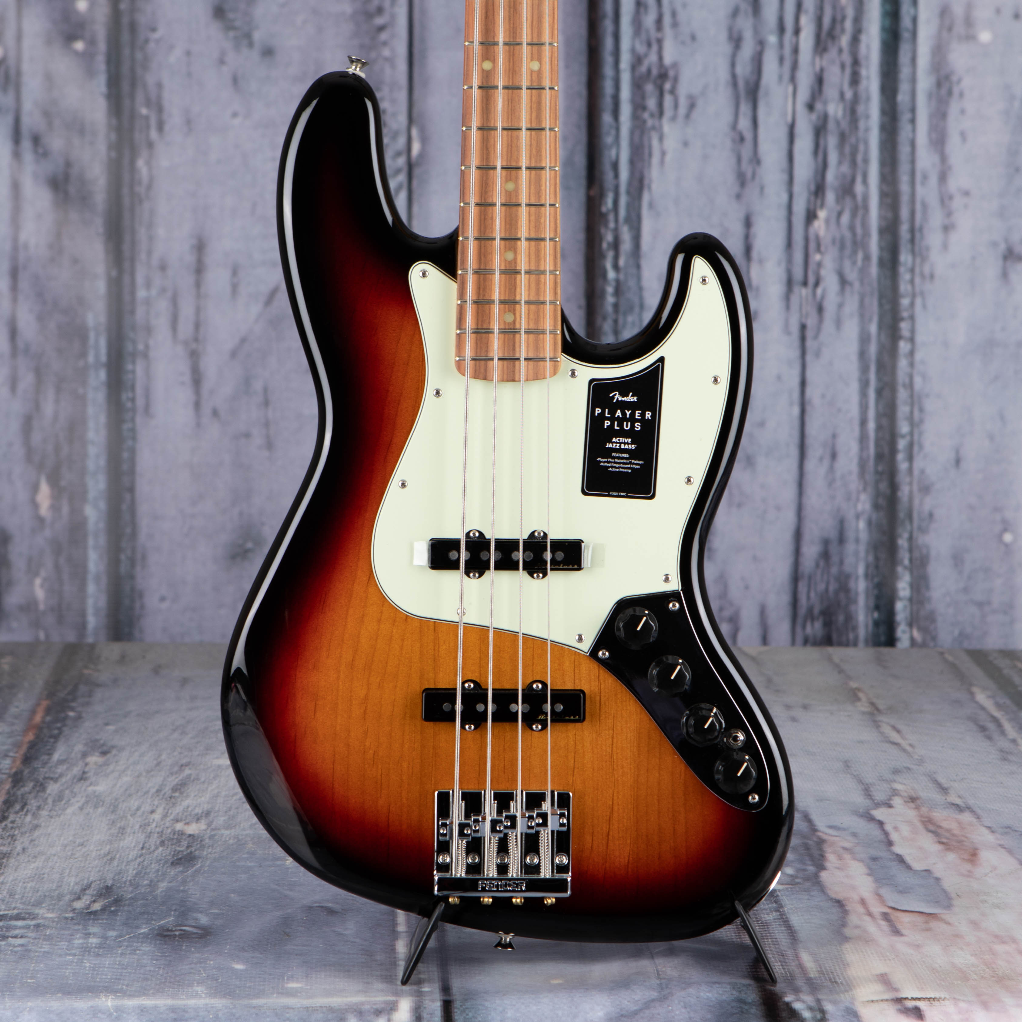 Fender Player Plus Jazz Bass Guitar, 3-Color Sunburst, front closeup