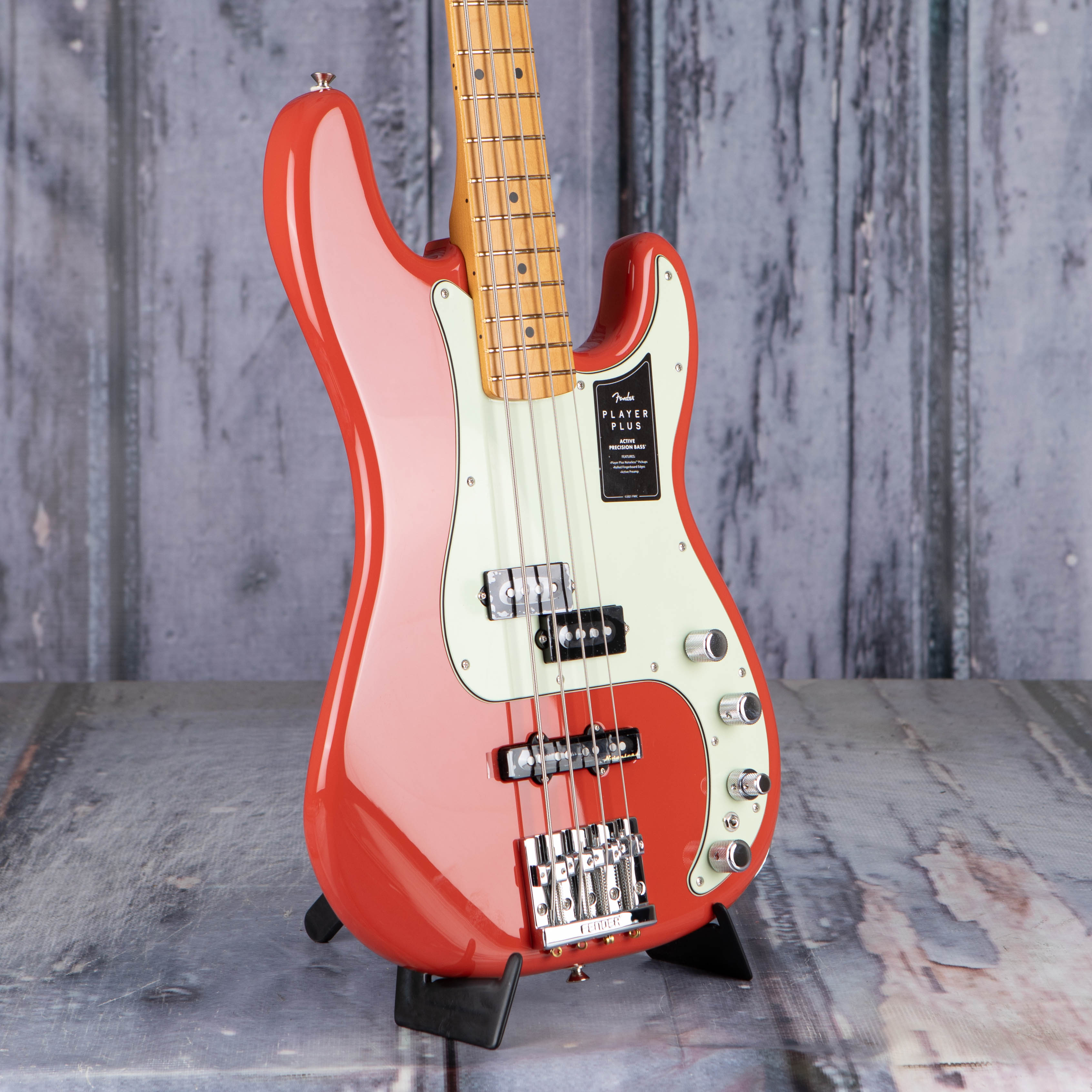 Fender Player Plus Precision Bass Guitar, Fiesta Red, angle