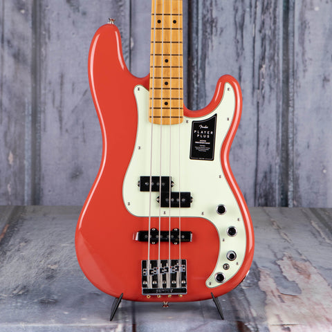 Fender Player Plus Precision Bass Guitar, Fiesta Red, front closeup