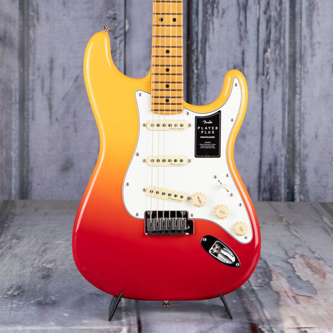 Fender Player Plus Stratocaster Electric Guitar, Tequila Sunrise, front closeup