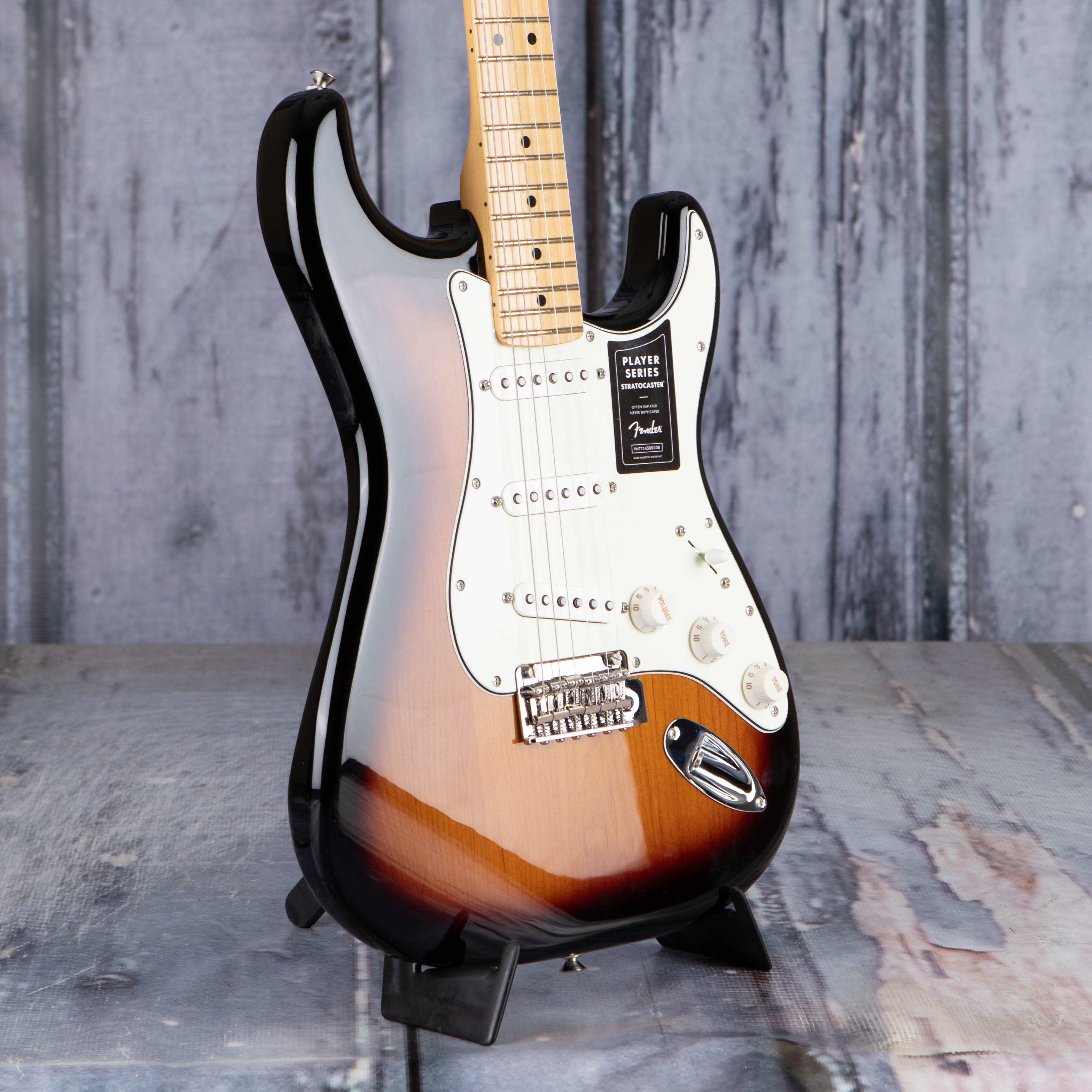 Fender Player Stratocaster Electric Guitar, Maple Fingerboard, Anniversary 2-Color Sunburst, angle