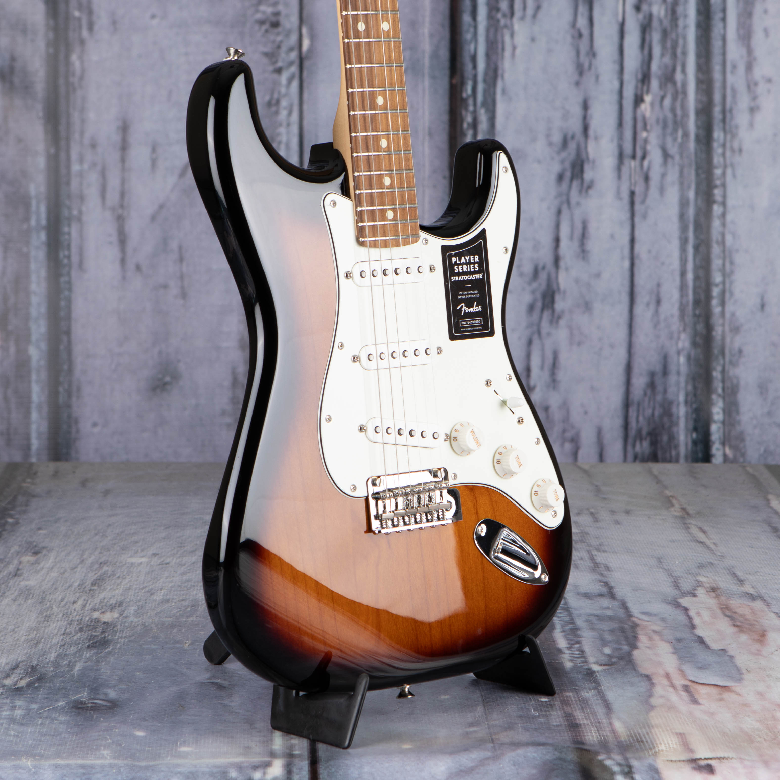 Fender Player Stratocaster Electric Guitar, Pau Ferro Fingerboard, Anniversary 2-Color Sunburst, angle