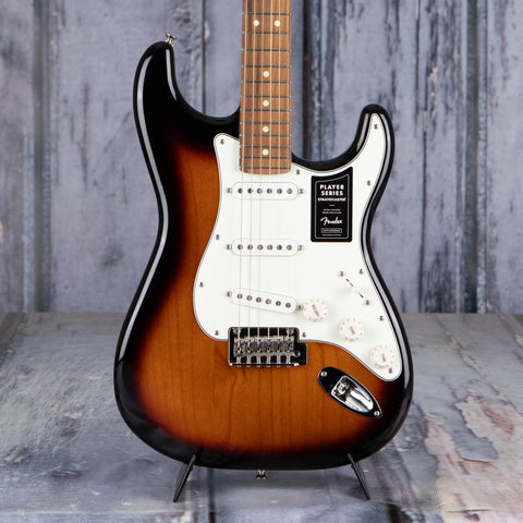 Fender Player Stratocaster Electric Guitar, Pau Ferro Fingerboard, Anniversary 2-Color Sunburst, front closeup