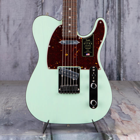 Fender Ultra Luxe Telecaster Electric Guitar, Transparent Surf Green, front closeup