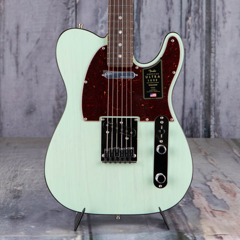Fender Ultra Luxe Telecaster Electric Guitar, Transparent Surf Green, front closeup