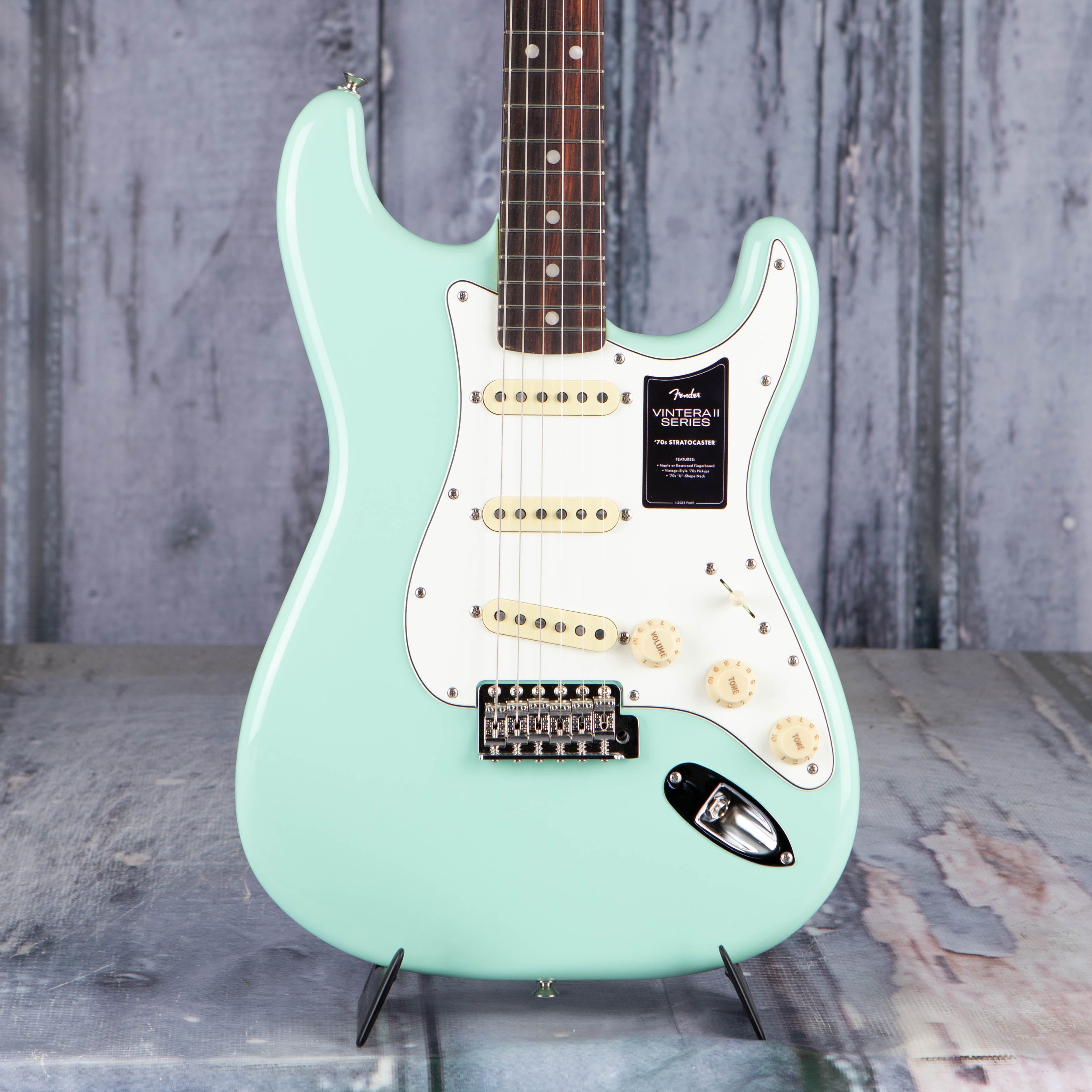 Fender Vintera II '70s Stratocaster Electric Guitar, Surf Green, front closeup