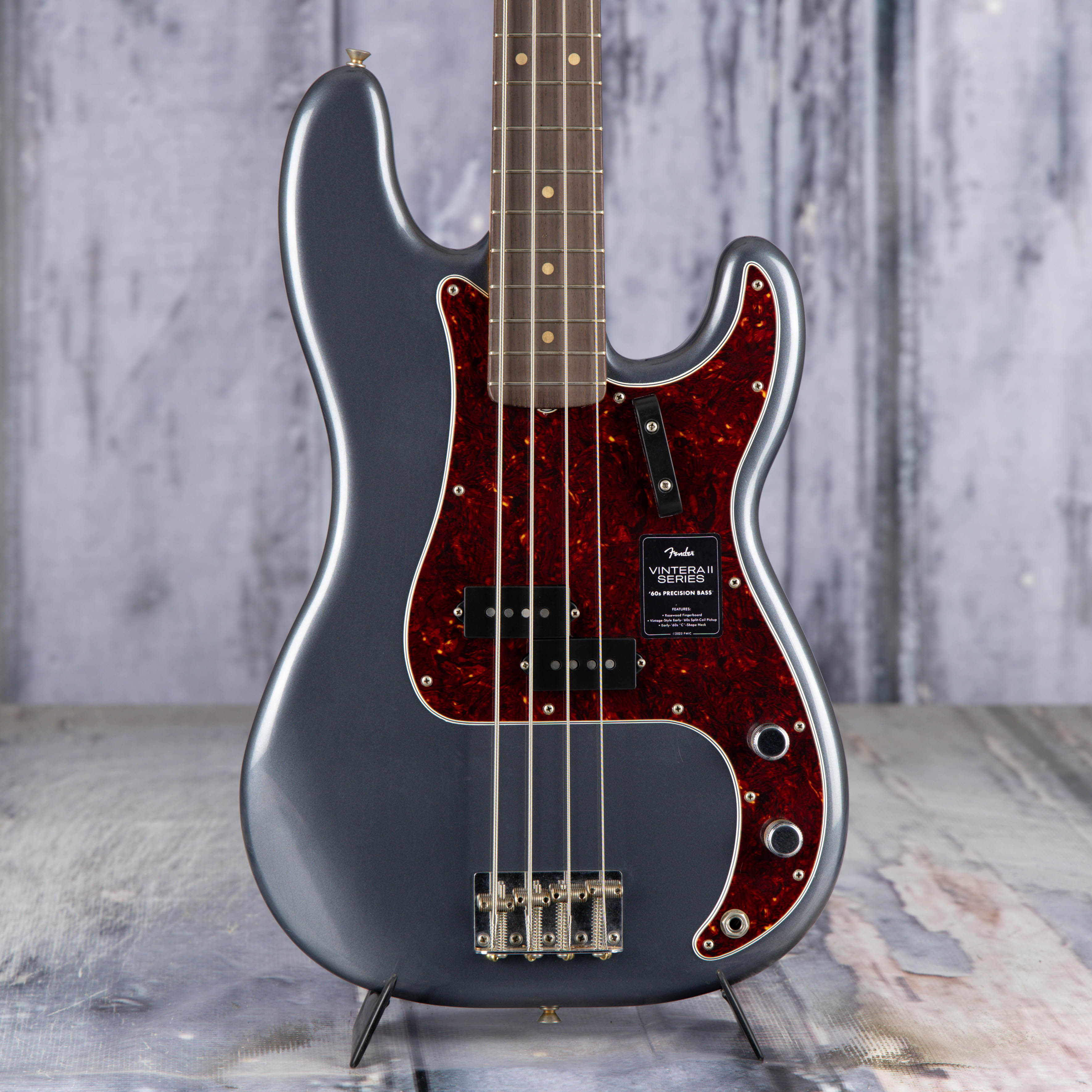 Fender Vintera II Road Worn '60s Precision Bass Guitar, Charcoal Frost Metallic, front closeup