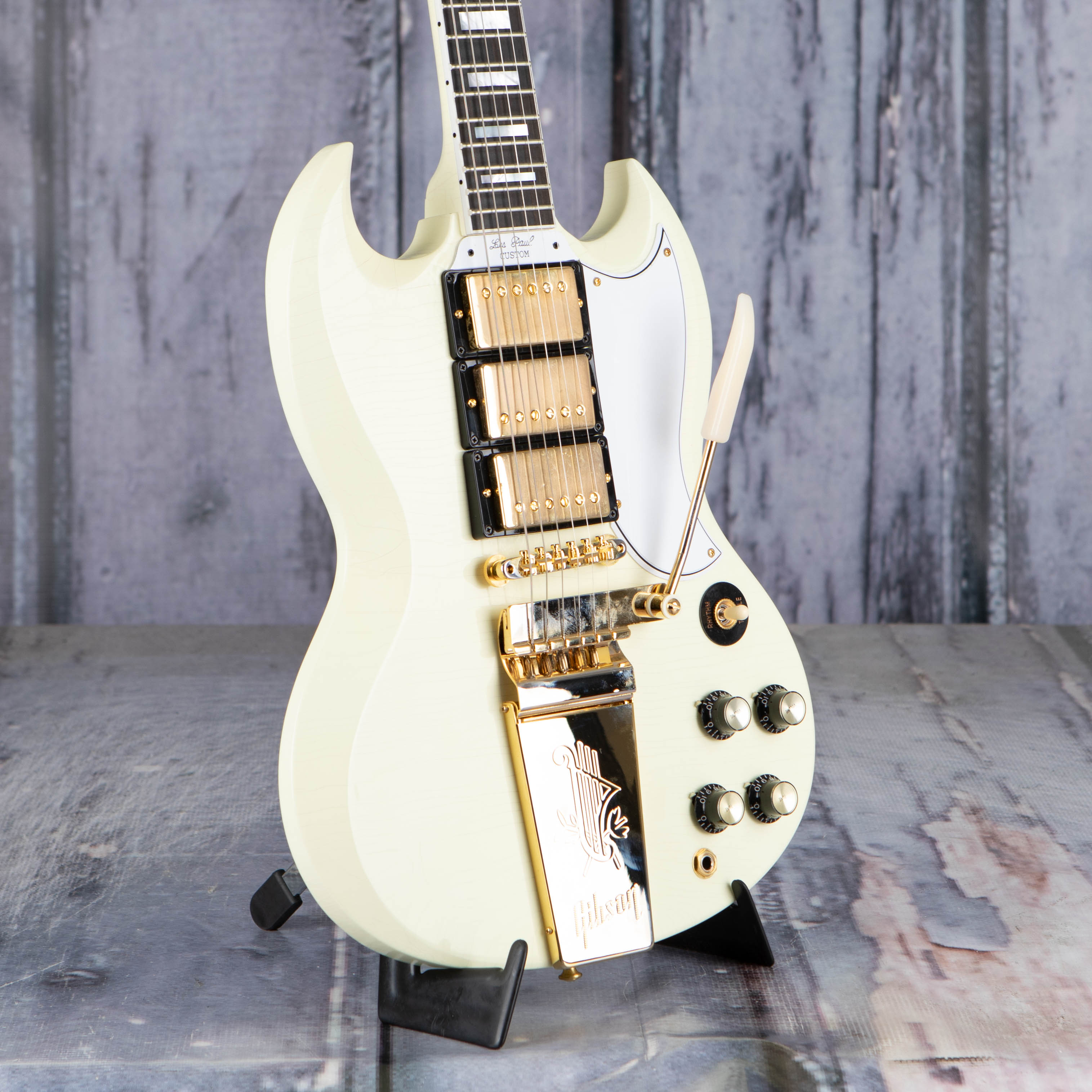 Gibson Custom Shop 1963 Les Paul SG Custom With Maestro Vibrola Murphy Lab Ultra Light Aged Electric Guitar, Classic White, angle