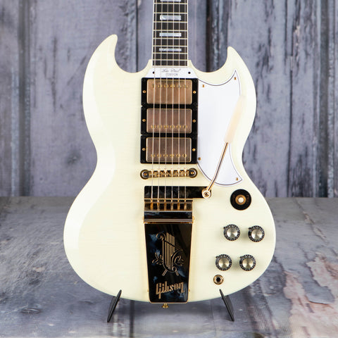 Gibson Custom Shop 1963 Les Paul SG Custom With Maestro Vibrola Murphy Lab Ultra Light Aged Electric Guitar, Classic White, front closeup