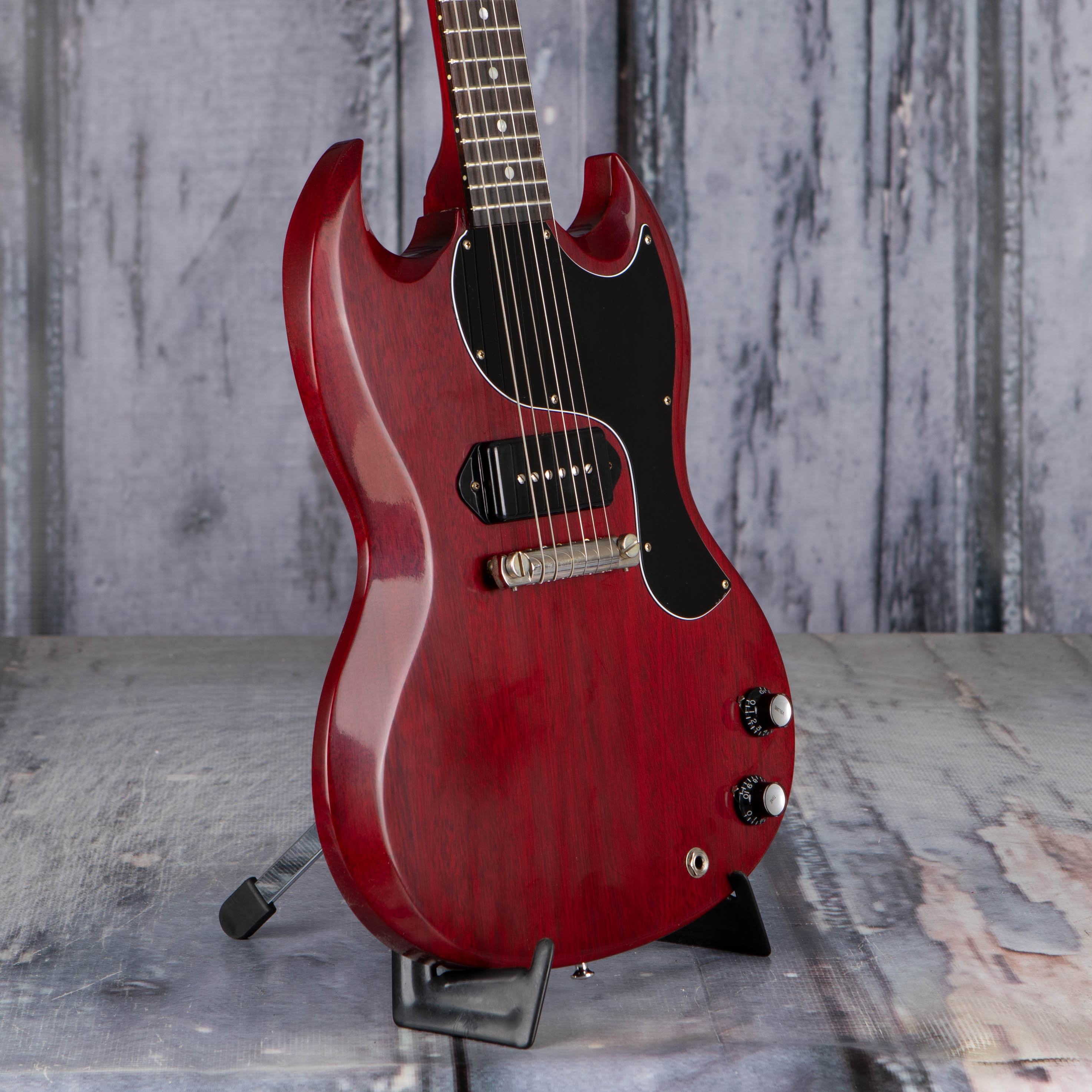 Gibson Custom Shop 1963 SG Junior Reissue Lightning Bar VOS Electric Guitar, Cherry Red, angle