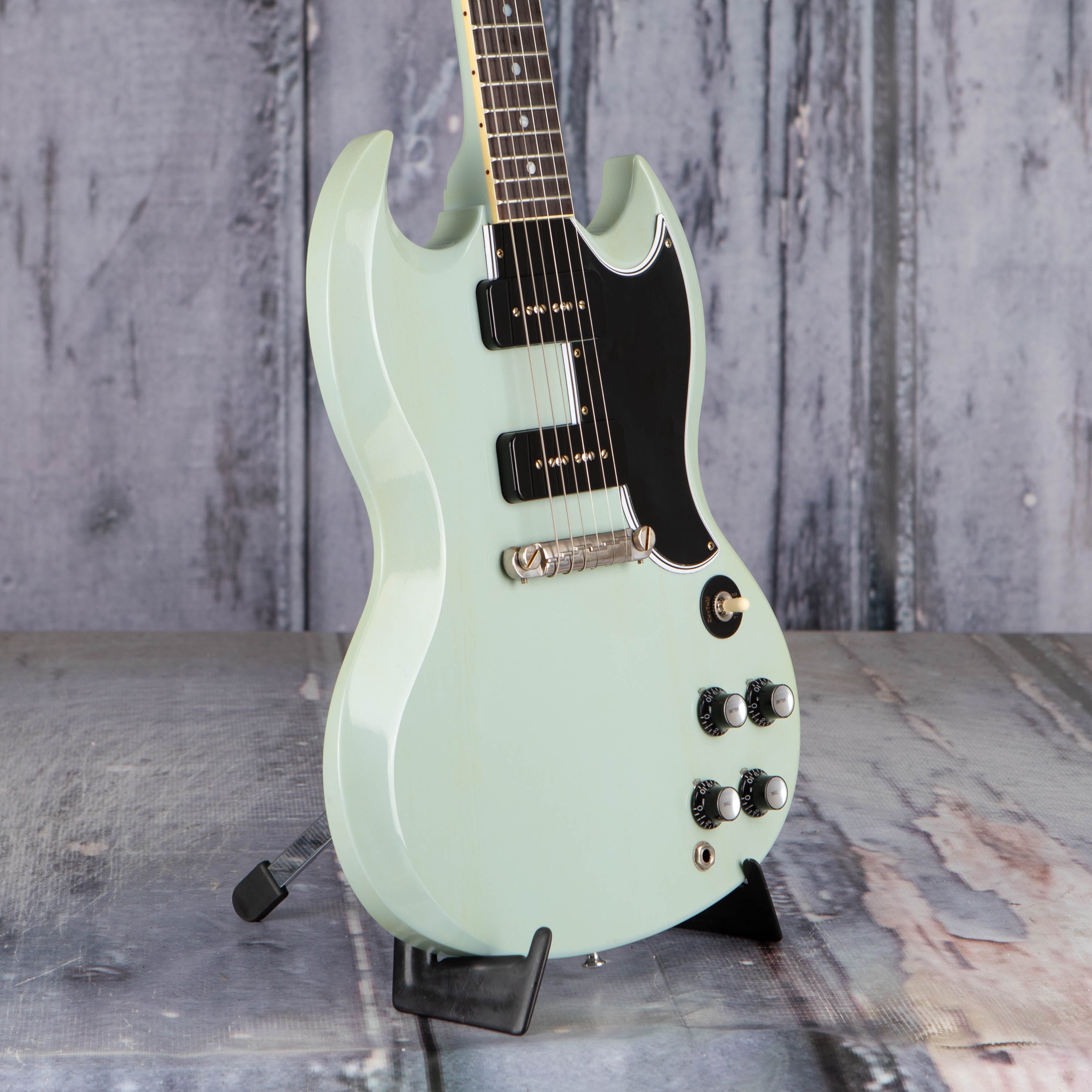 Gibson Custom Shop 1963 SG Special Reissue Lightning Bar VOS Electric Guitar, Frost Blue w/ Black Stinger, angle