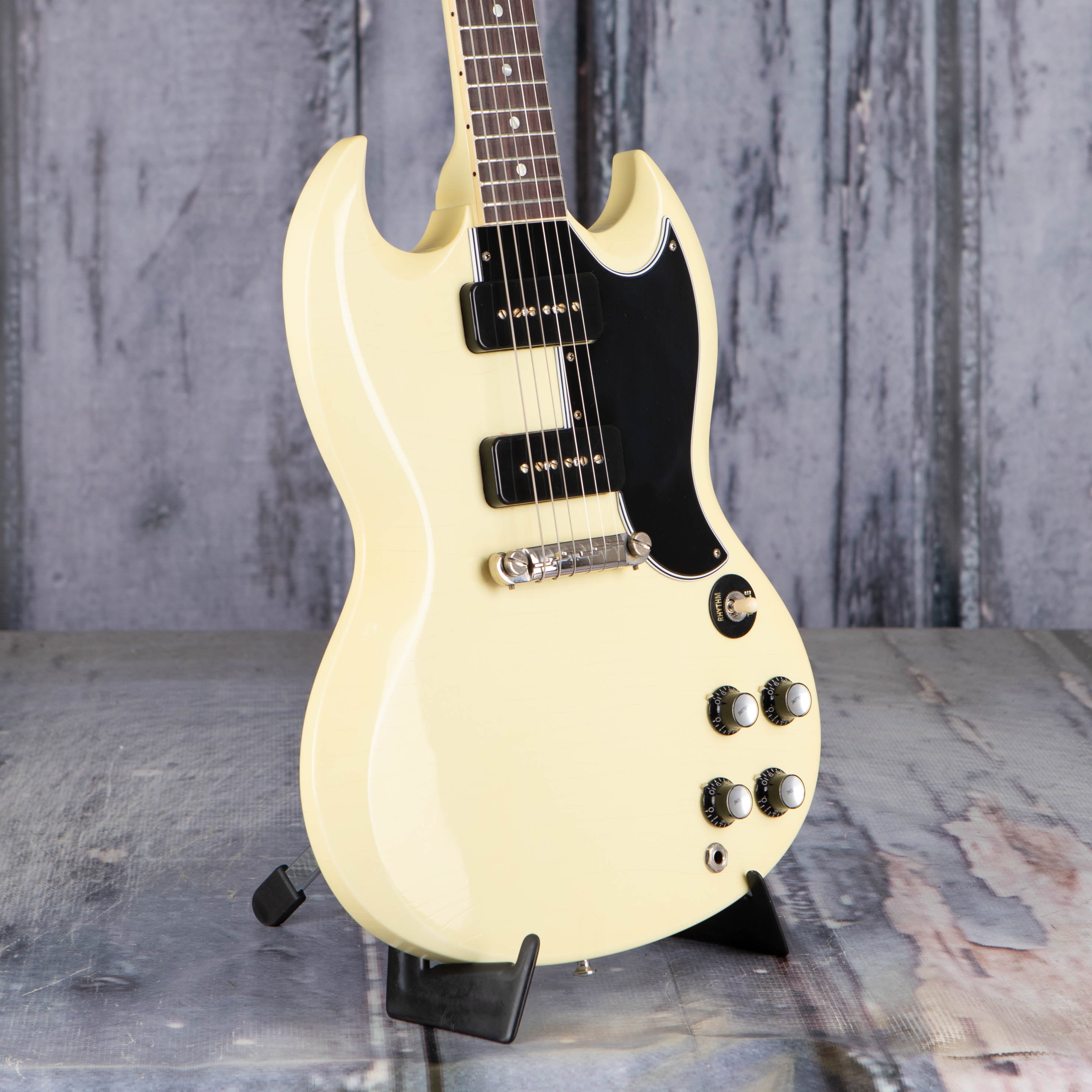 Gibson Custom Shop 1963 SG Special Reissue Murphy Lab Ultra Light Aged Electric Guitar, Classic White, angle
