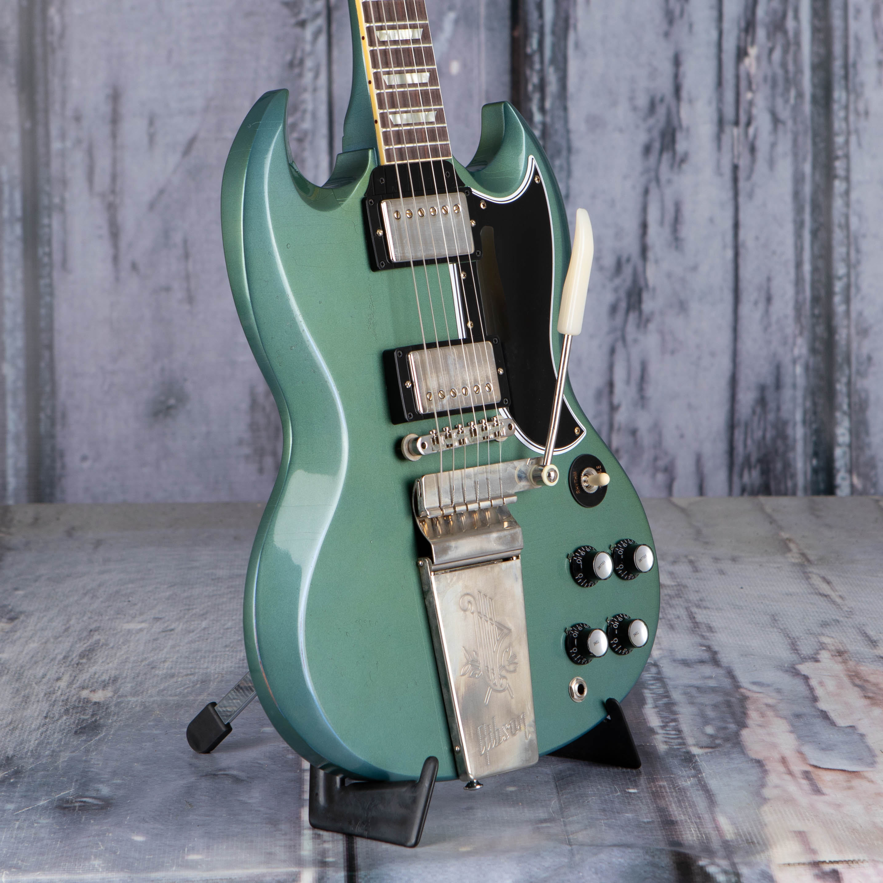 Gibson Custom Shop 1964 SG Standard Reissue w/ Maestro Vibrola Murphy Lab Light Aged Electric Guitar, Antique Pelham Blue, angle