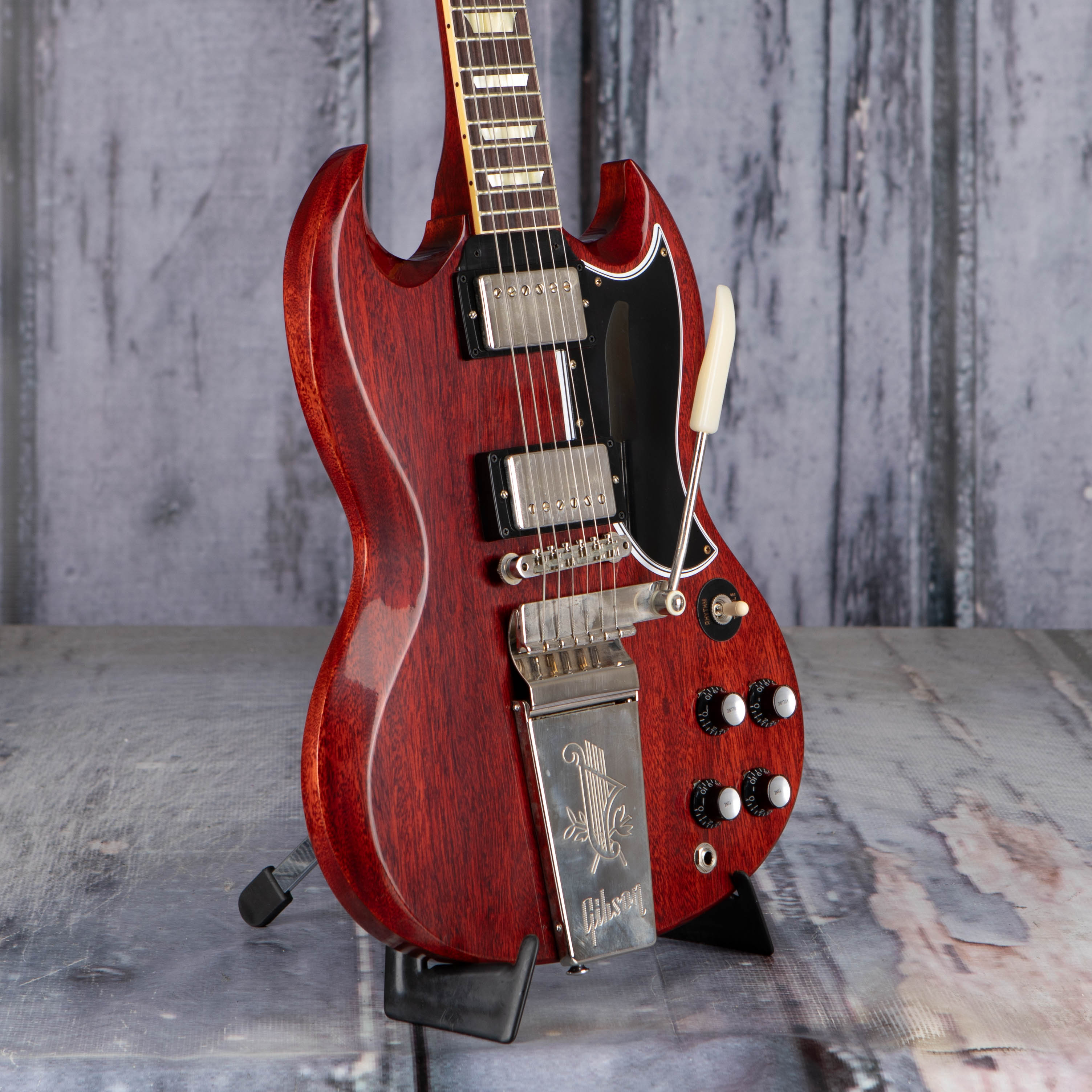 Gibson Custom Shop 1964 SG Standard Reissue W/ Maestro Vibrola VOS Electric Guitar, Cherry Red, angle