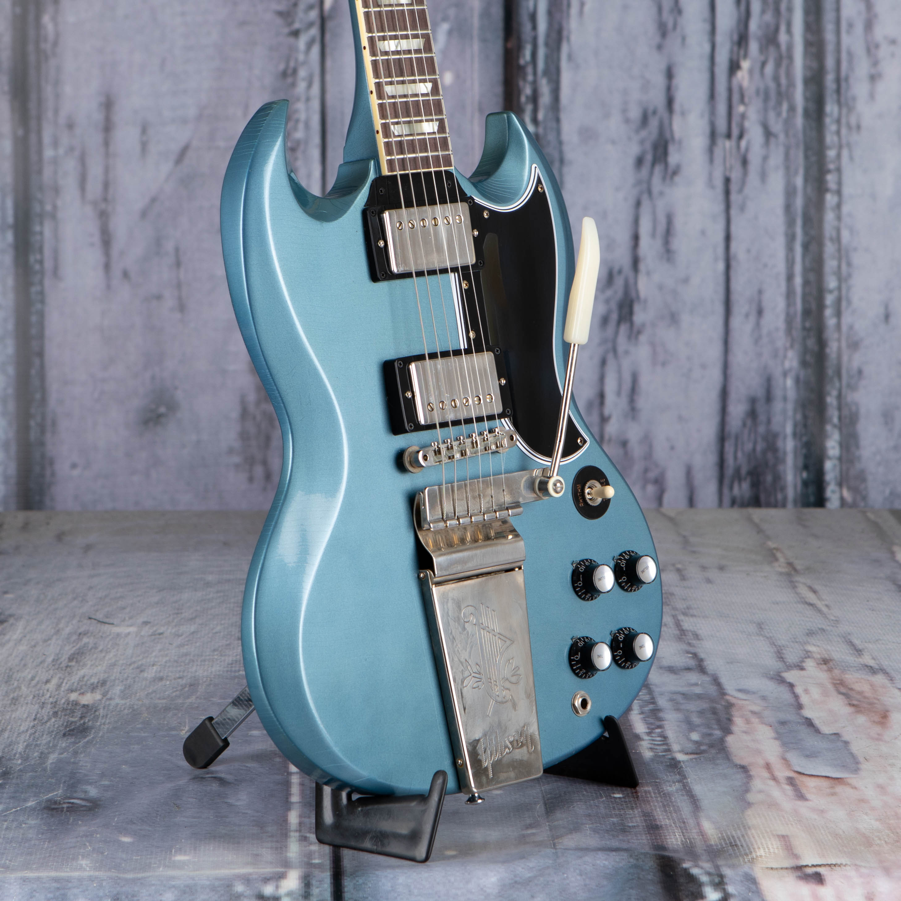 Gibson Custom Shop 1964 SG Standard W/ Maestro Vibrola Murphy Lab Ultra Light Aged Electric Guitar, Pelham Blue, angle