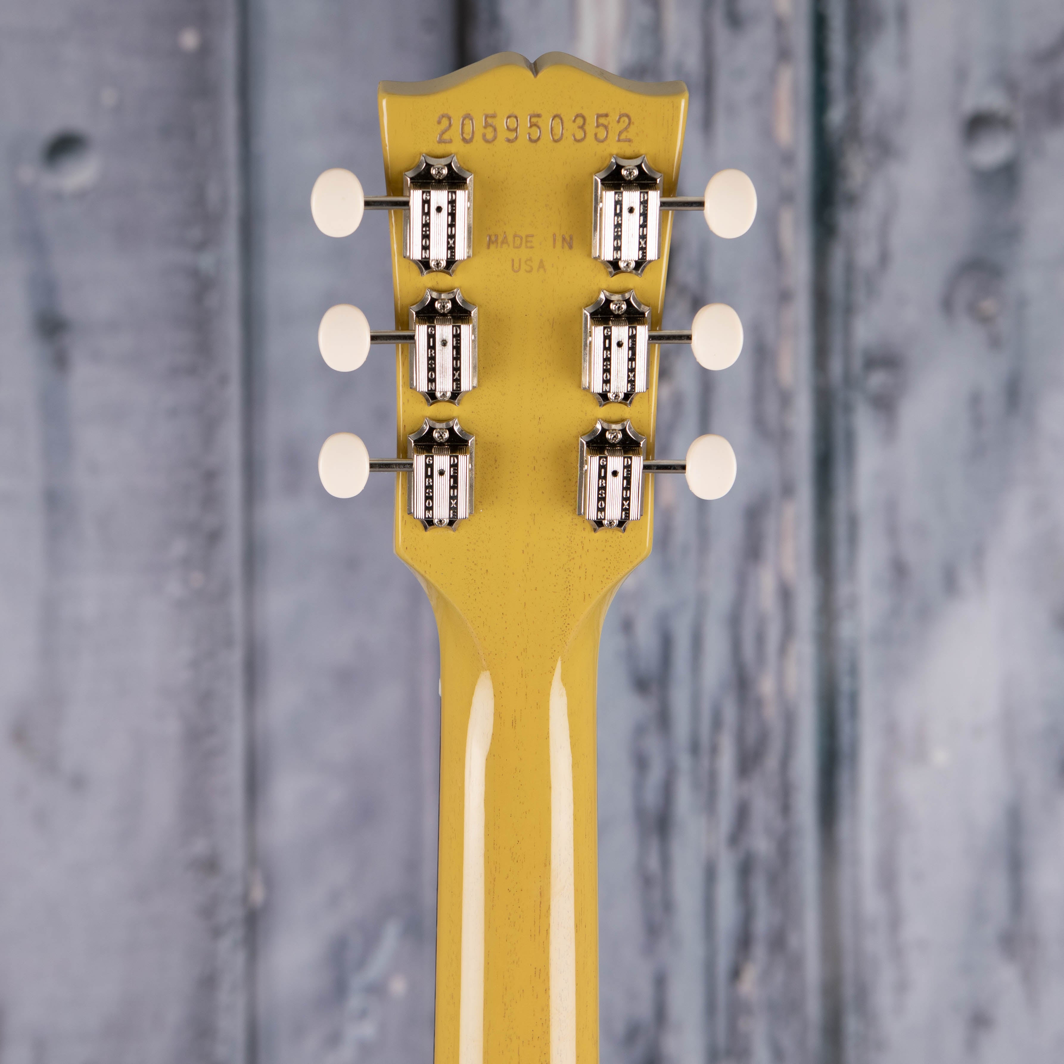 Gibson Les Paul Junior Electric Guitar, TV Yellow, back headstock