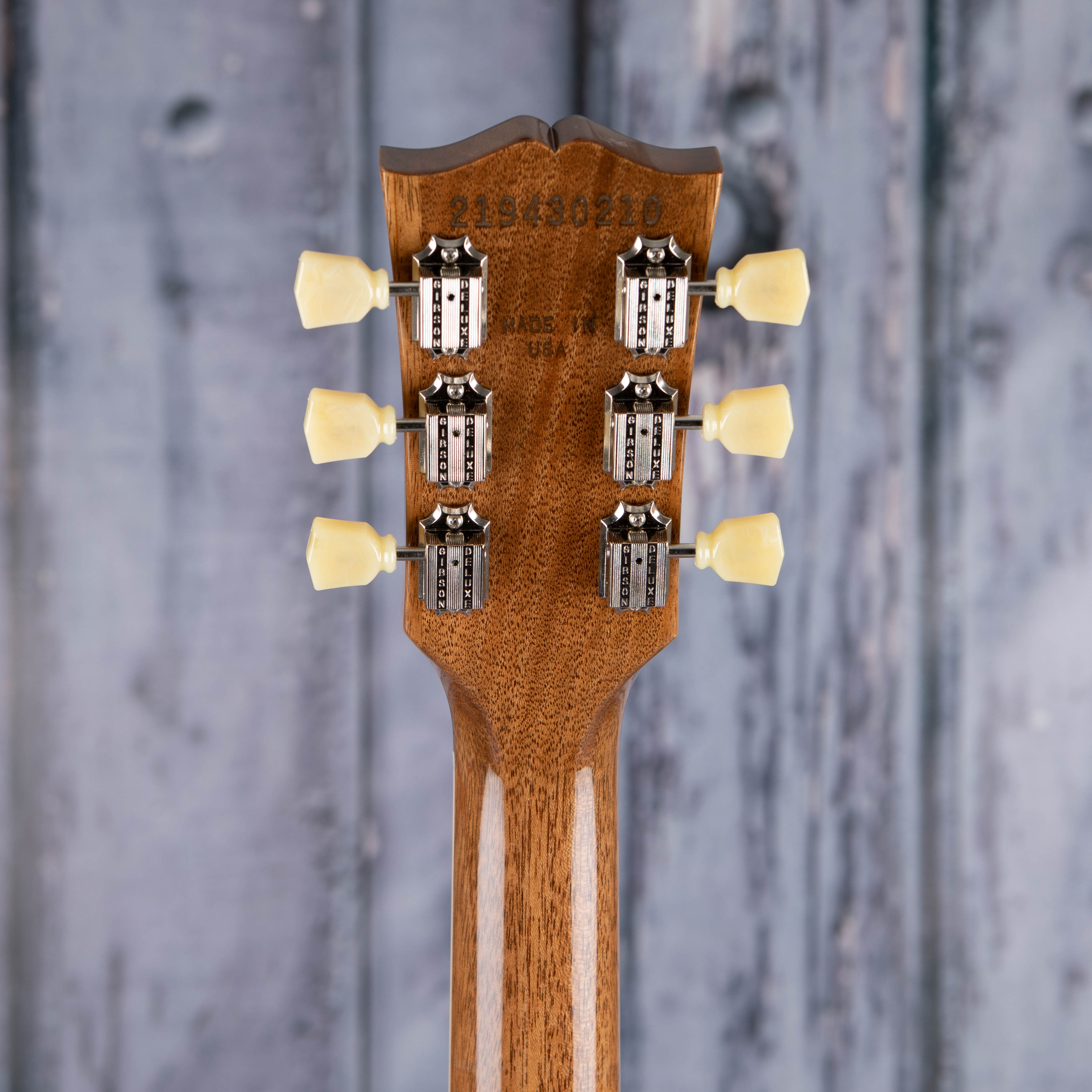 Gibson Les Paul Standard 50s Figured Top Electric Guitar, Honey Amber, back headstock