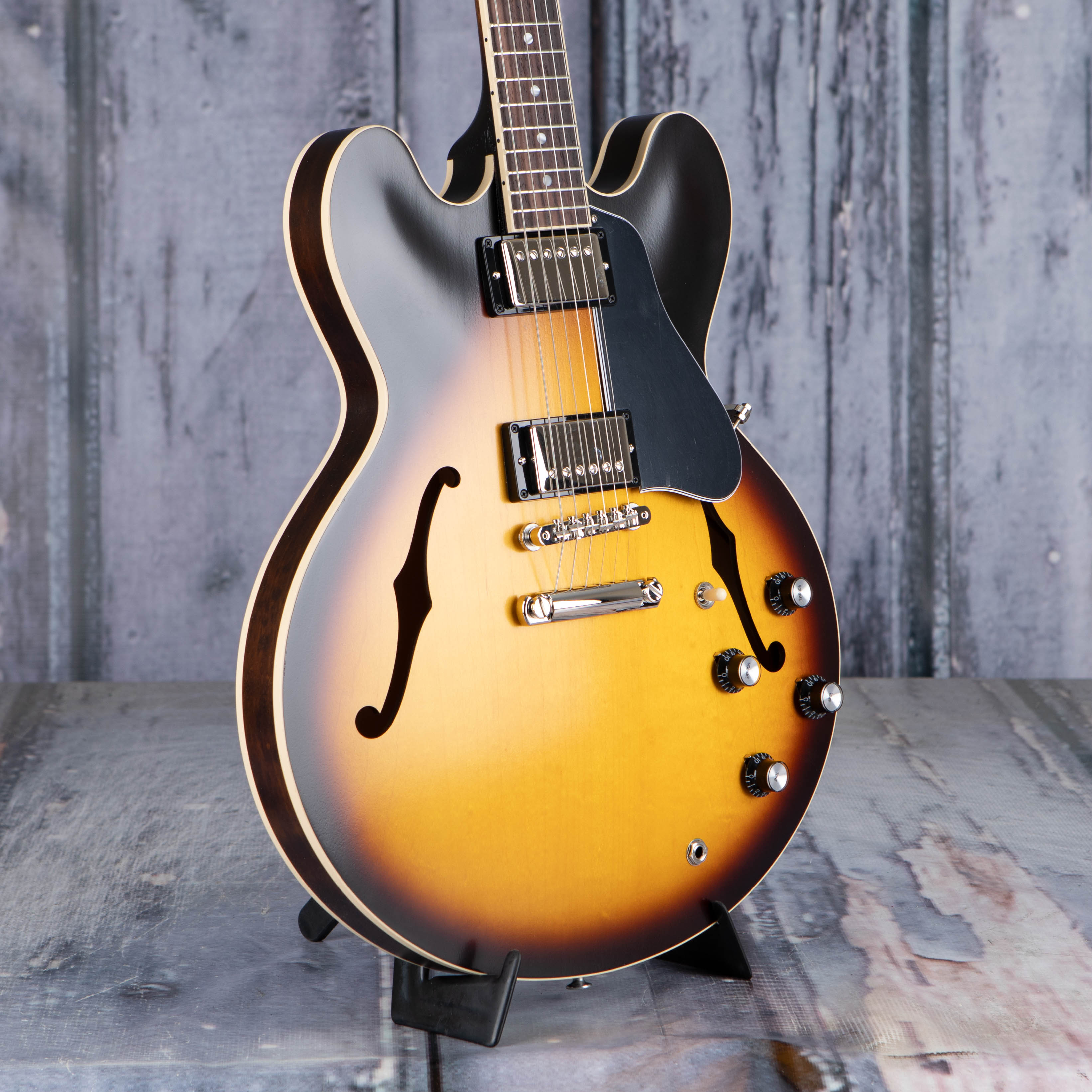 Gibson USA ES-335 Satin Semi-Hollowbody Guitar, Satin Vintage Sunburst, angle