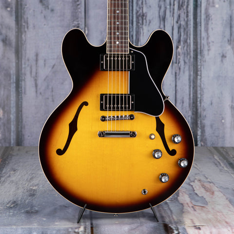 Gibson USA ES-335 Satin Semi-Hollowbody Guitar, Satin Vintage Sunburst, front closeup