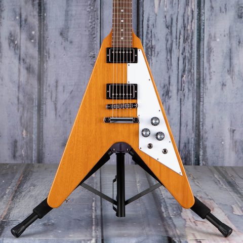 Gibson USA Flying V Electric Guitar, Antique Natural, front closeup