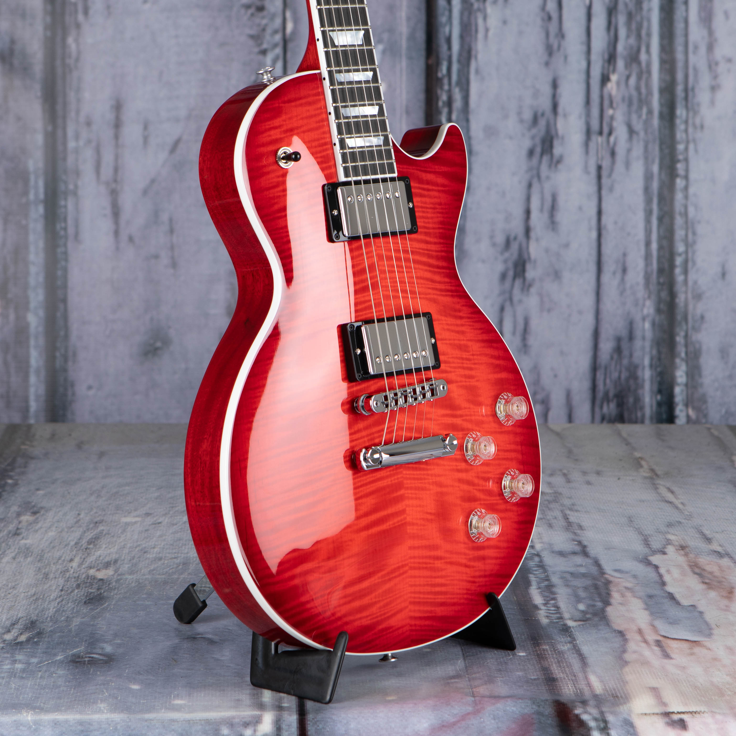 Gibson USA Les Paul Modern Electric Guitar, Figured Cherry Burst, angle
