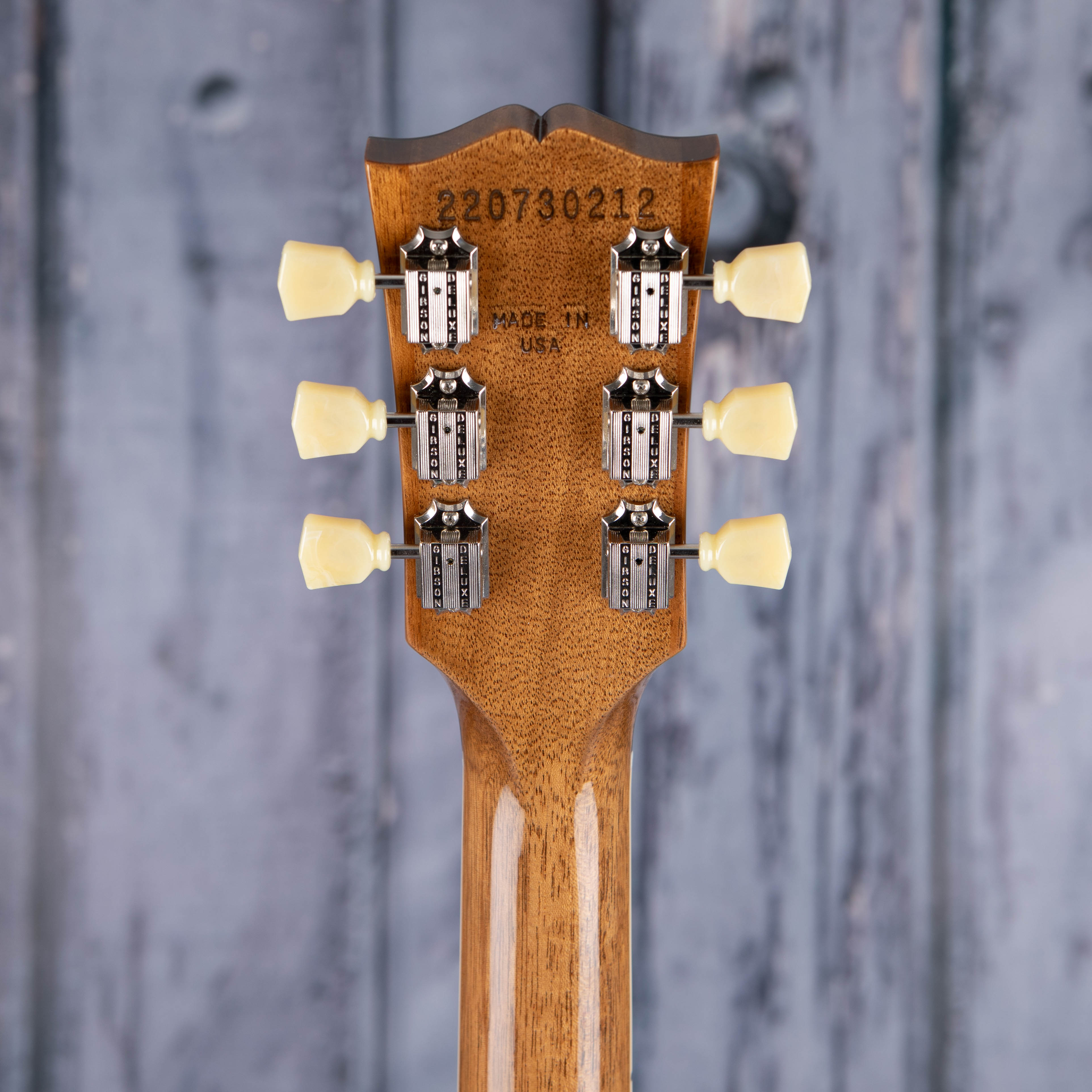 Gibson USA Les Paul Standard 50s Figured Top Electric Guitar, Translucent Fuchsia, back headstock