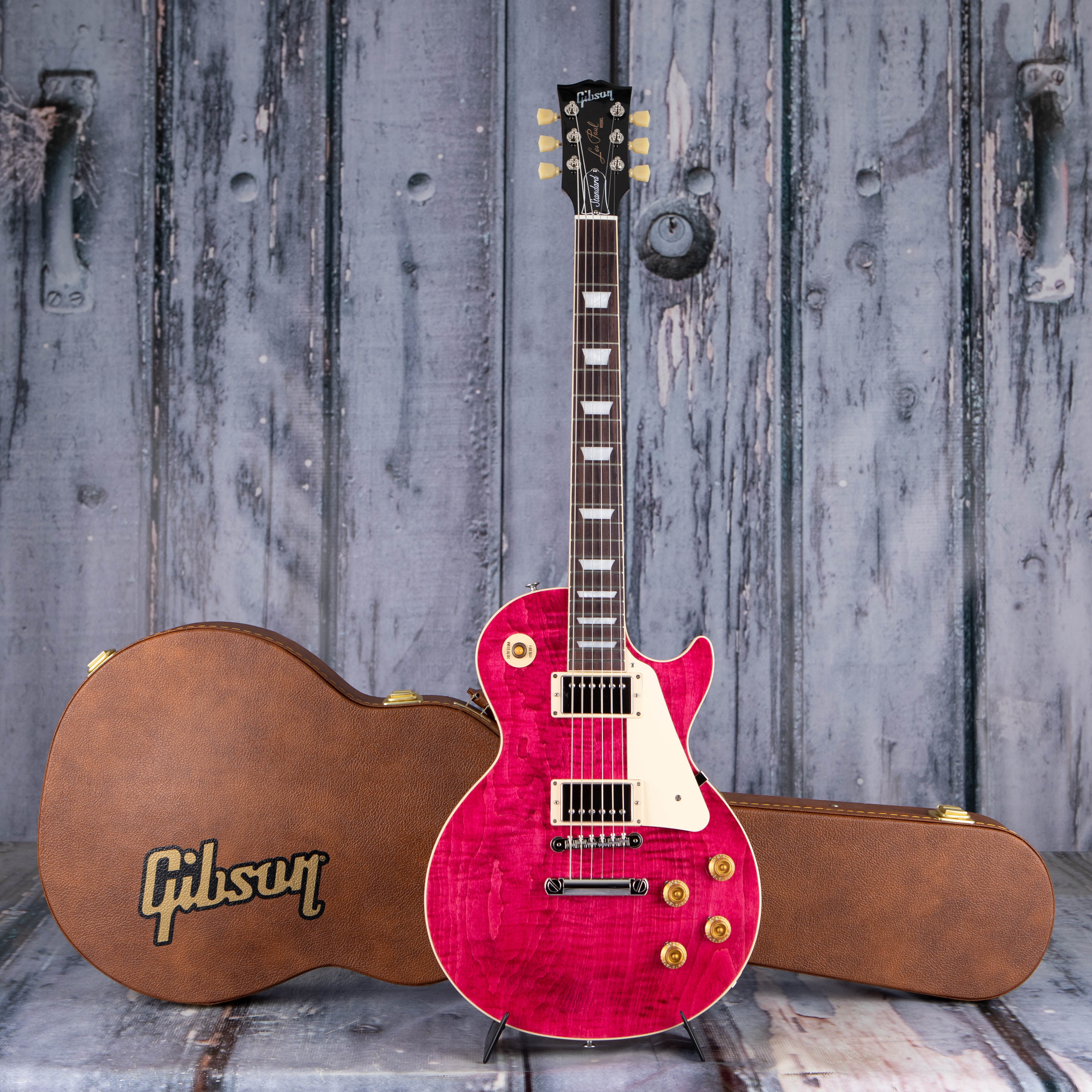 Gibson USA Les Paul Standard 50s Figured Top Electric Guitar, Translucent Fuchsia, case