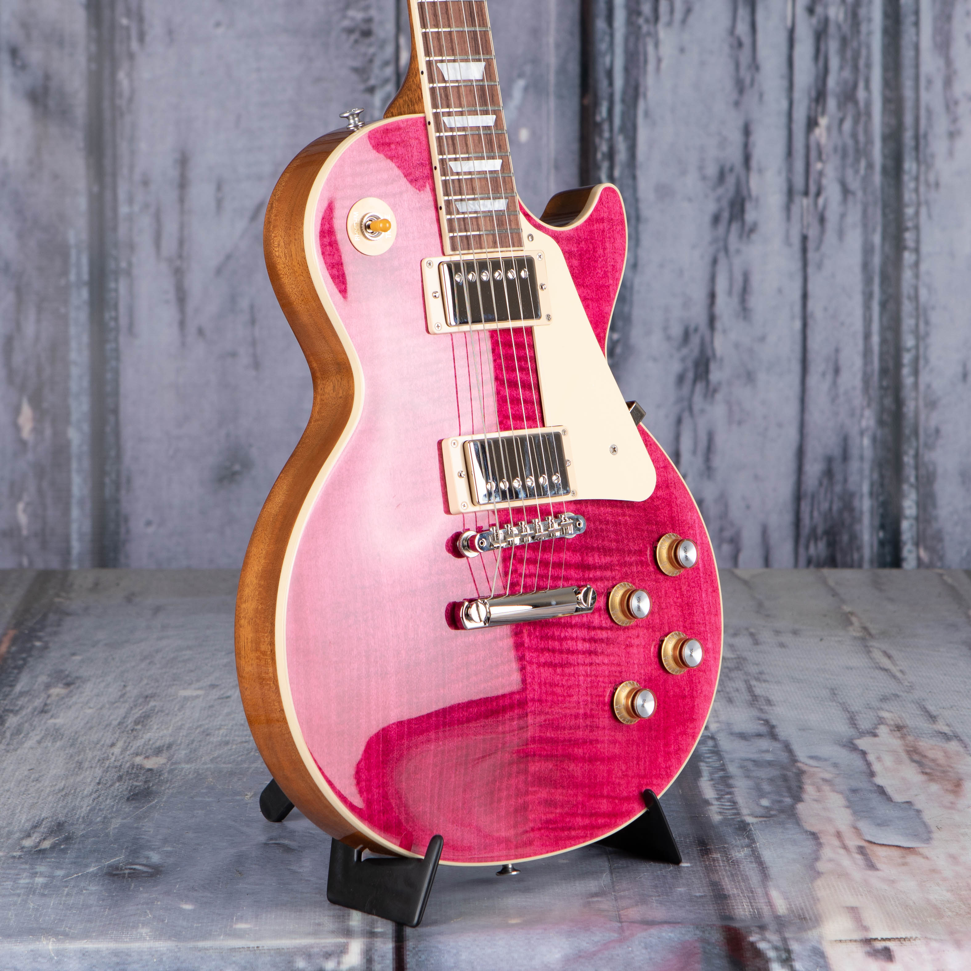 Gibson USA Les Paul Standard 60s Figured Top Electric Guitar, Translucent Fuchsia, angle