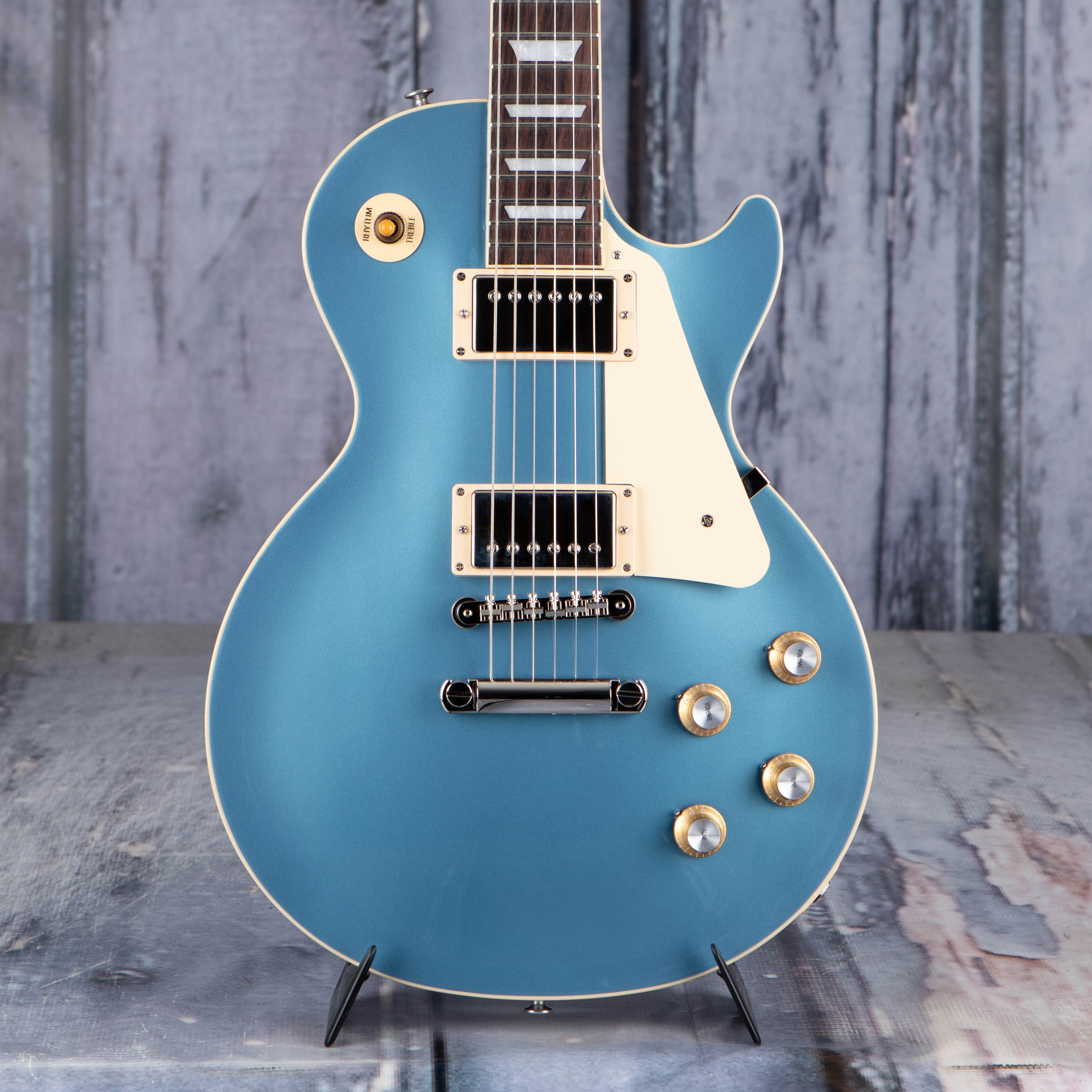Gibson USA Les Paul Standard 60s Plain Top Electric Guitar, Pelham Blue, front closeup