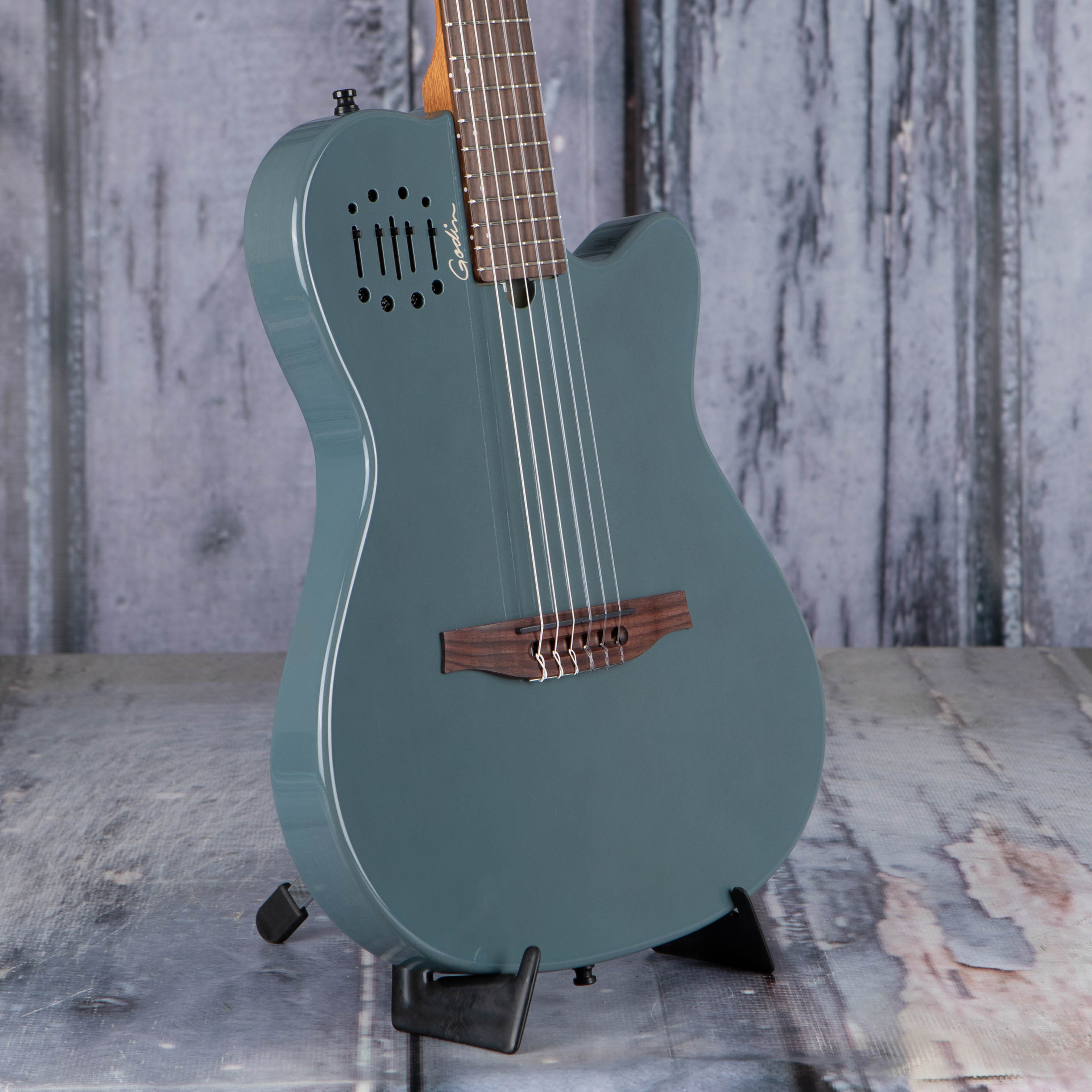 Godin Multiac Mundial Nylon Acoustic/Electric Guitar, Arctik Blue, angle