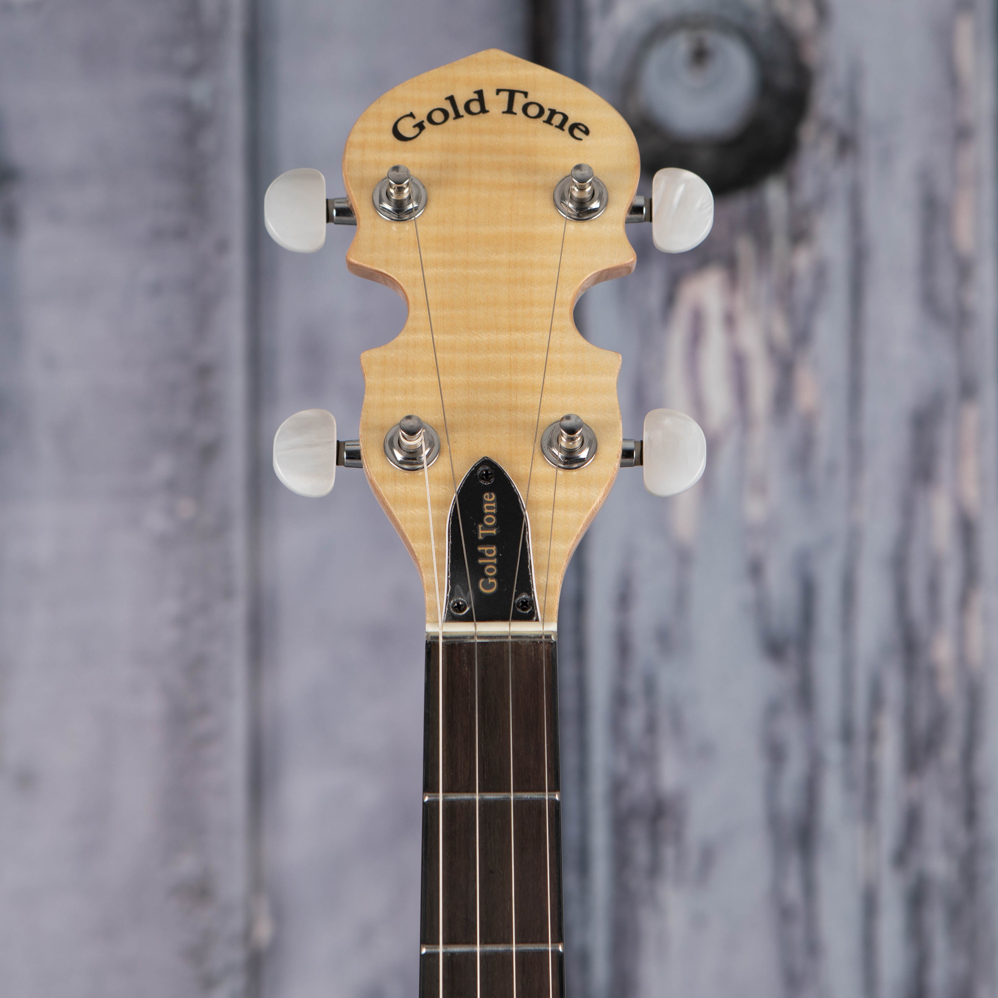 Gold Tone CC-100 Cripple Creek Open Composite Banjo, Natural, front headstock