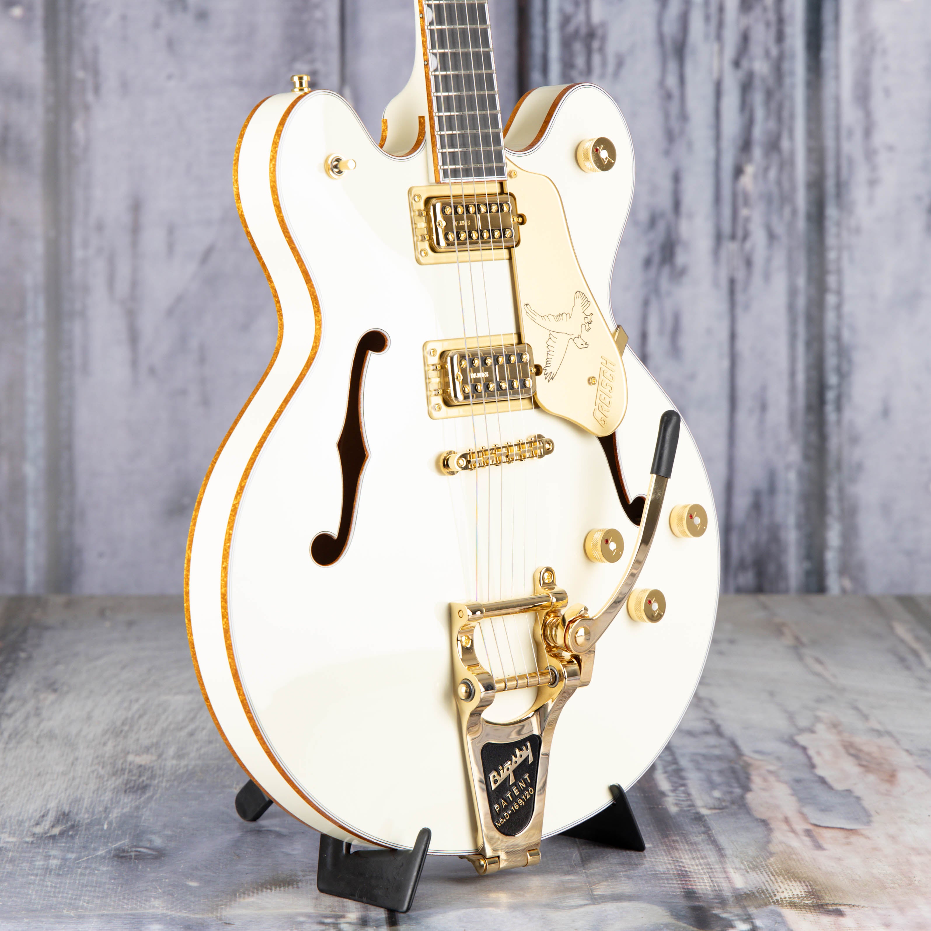 Gretsch Falcon Center Block LTD Double-Cut W/ String-Thru Bigsby Semi-Hollowbody Guitar, Vintage White, angle