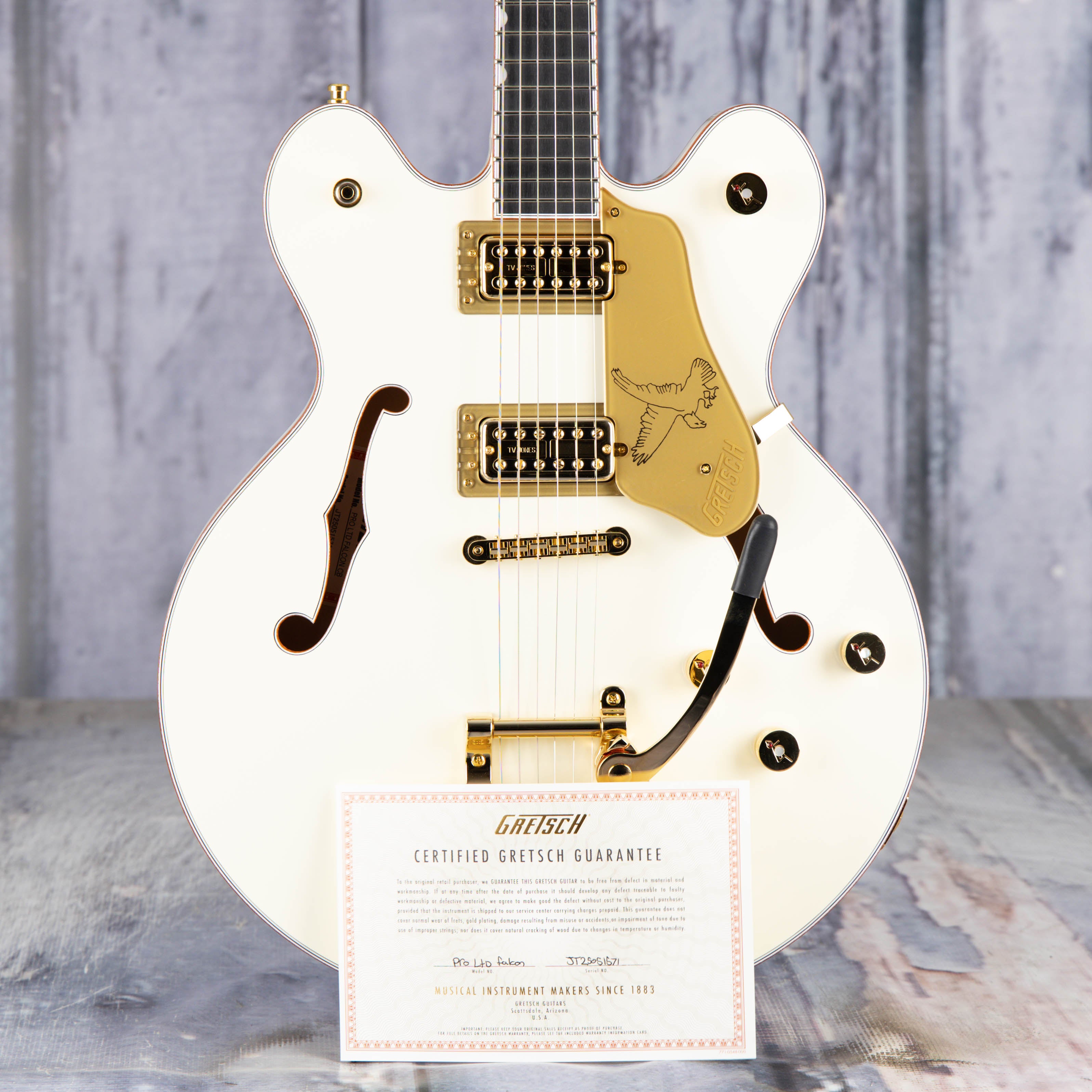 Gretsch Falcon Center Block LTD Double-Cut W/ String-Thru Bigsby Semi-Hollowbody Guitar, Vintage White, coa